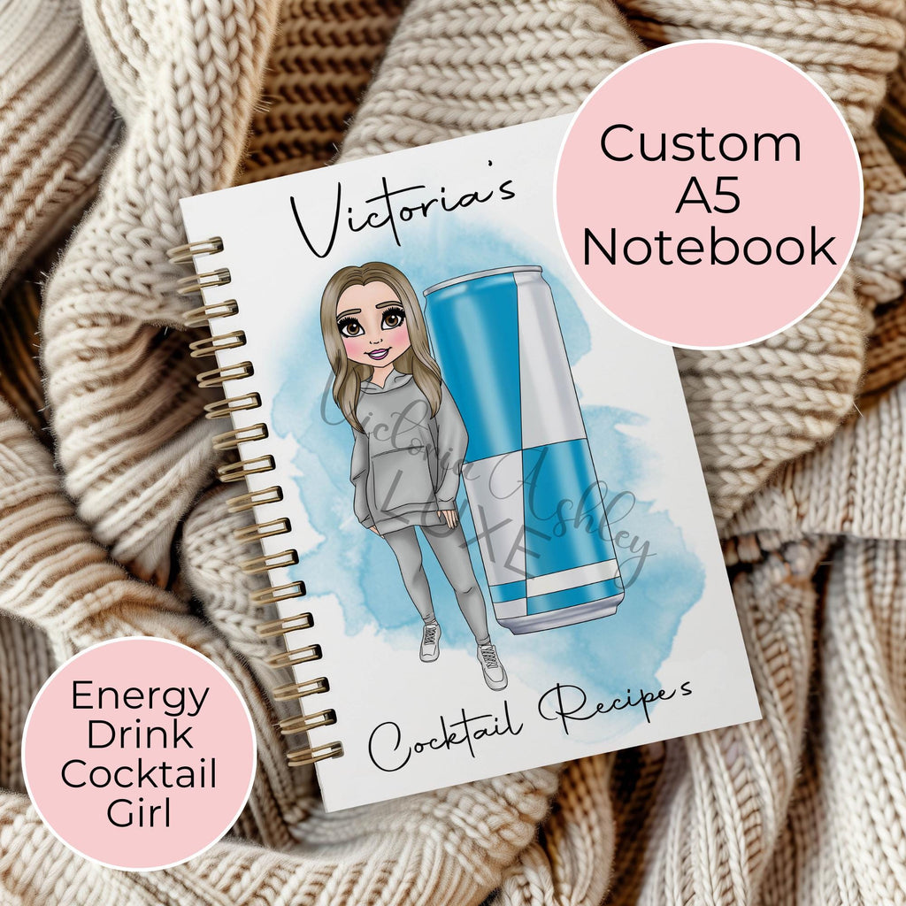 Personalised Energy Drink Cocktail Notebook, A5 Spiral Notebook For Her Birthday