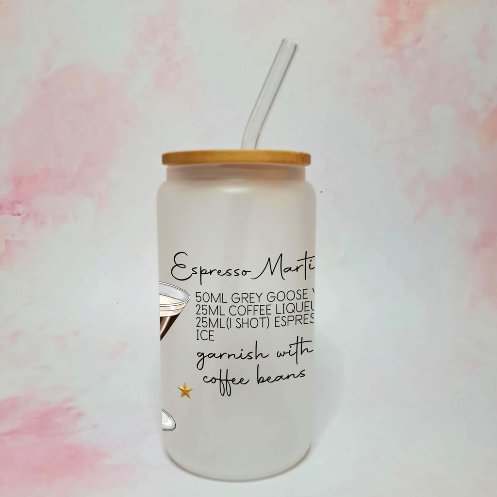 Personalised Espresso Martini Character Glass With Cocktail Recipe, Girls Night In Cocktail Drinkware