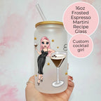 Personalised Espresso Martini Character Glass With Cocktail Recipe, Girls Night In Cocktail Drinkware
