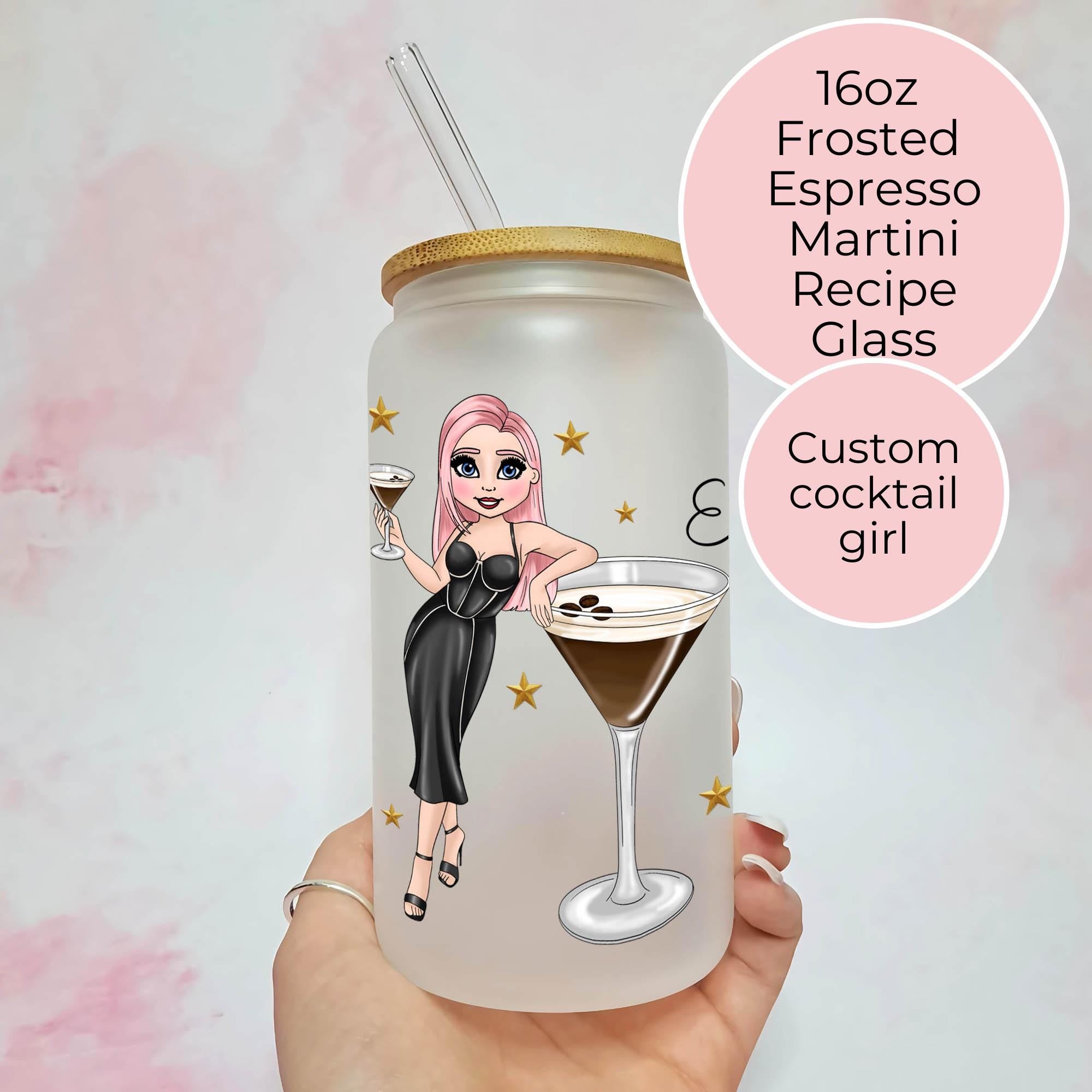 Personalised Espresso Martini Character Glass With Cocktail Recipe, Girls Night In Cocktail Drinkware
