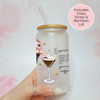 Personalised Espresso Martini Character Glass With Cocktail Recipe, Girls Night In Cocktail Drinkware