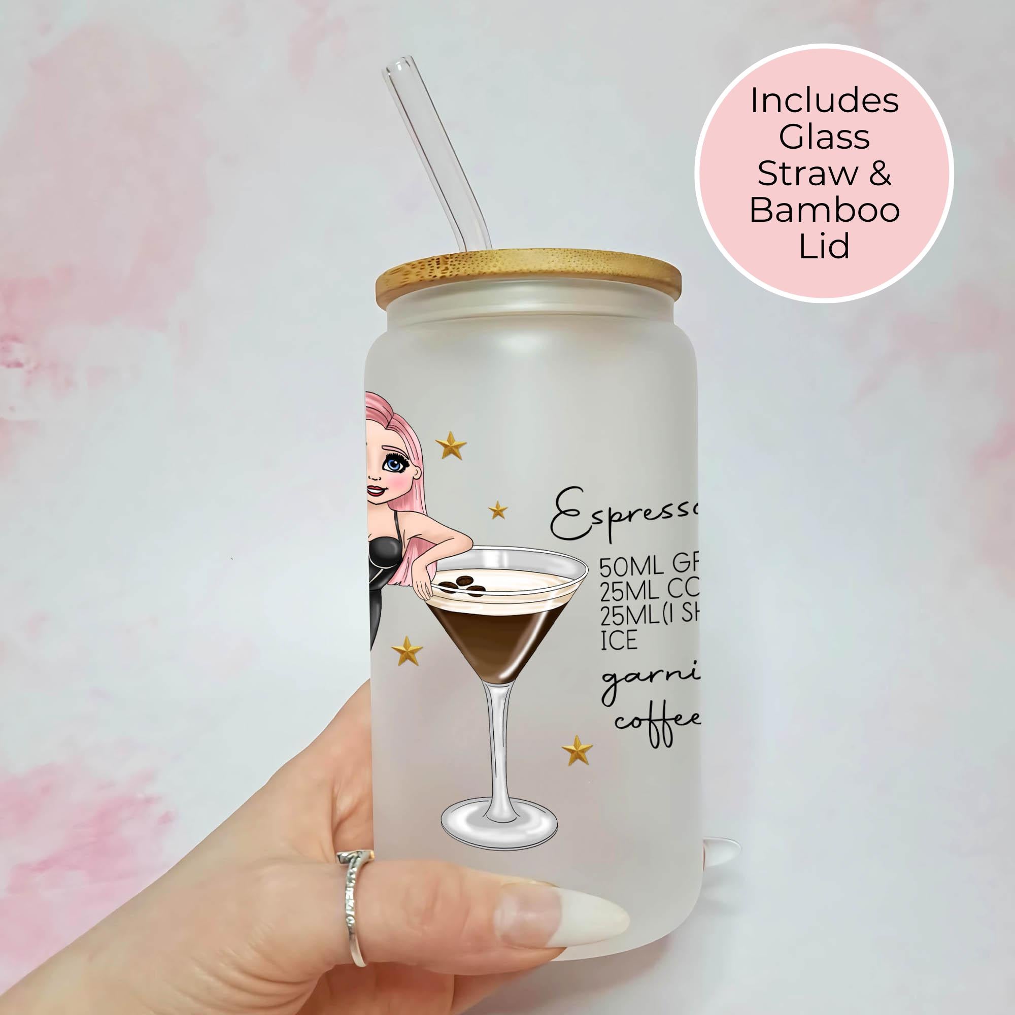 Personalised Espresso Martini Character Glass With Cocktail Recipe, Girls Night In Cocktail Drinkware