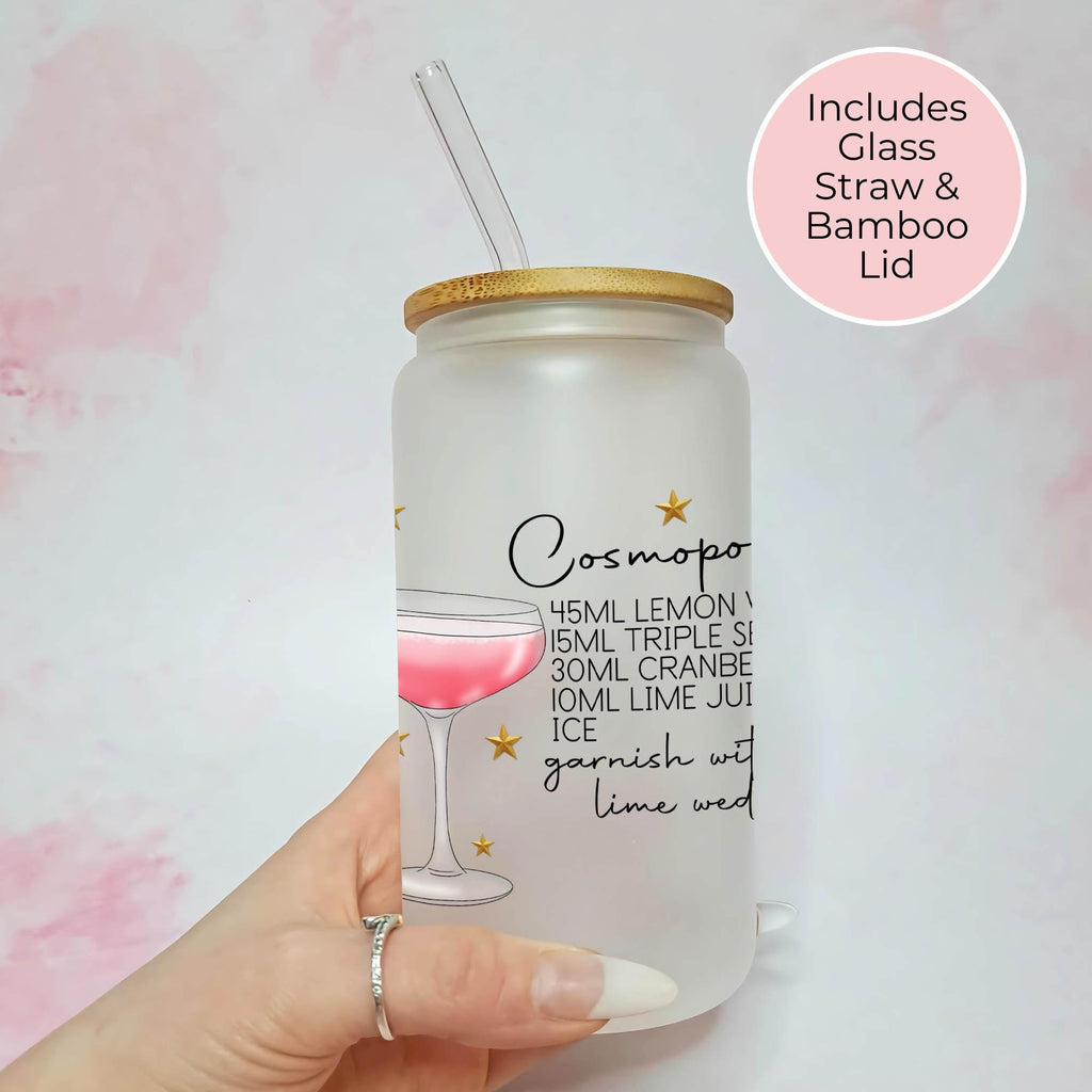 16oz Cosmopolitan Cocktail Recipe Glass with Bamboo Lid & Straw