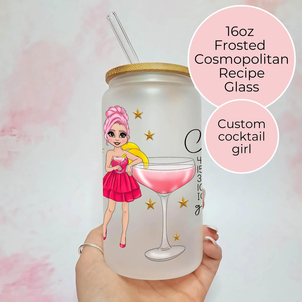 Personalised Cosmopolitan Character Glass With Cocktail Recipe, Gift For Girl Friends