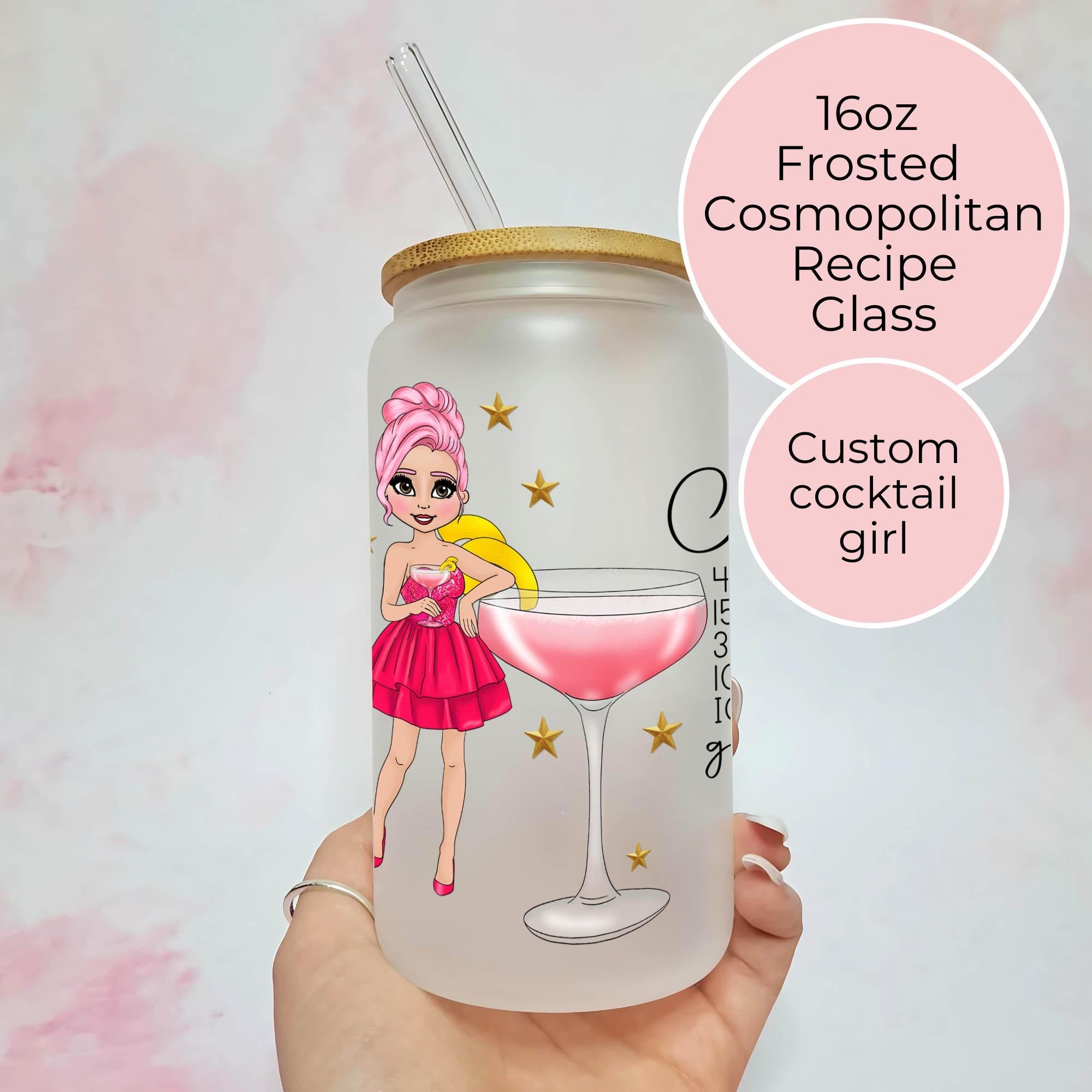 Personalised Cosmopolitan Character Glass With Cocktail Recipe, Gift For Girl Friends