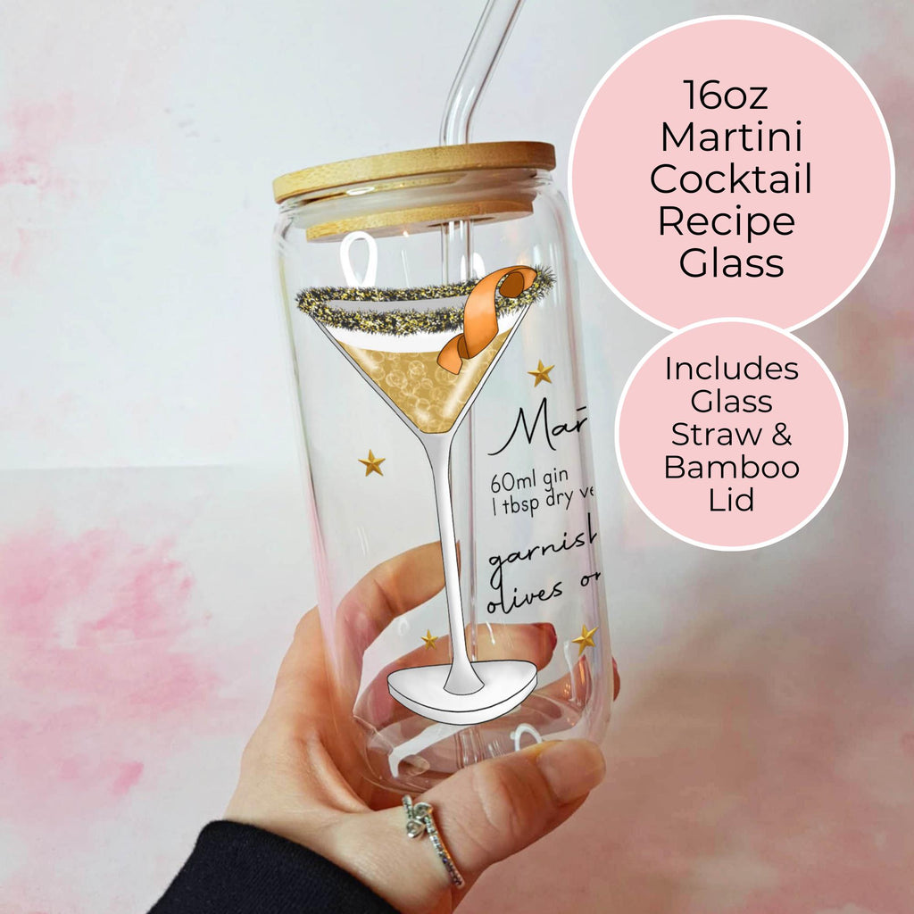 16oz Martini Cocktail Recipe Glass with Bamboo Lid & Straw