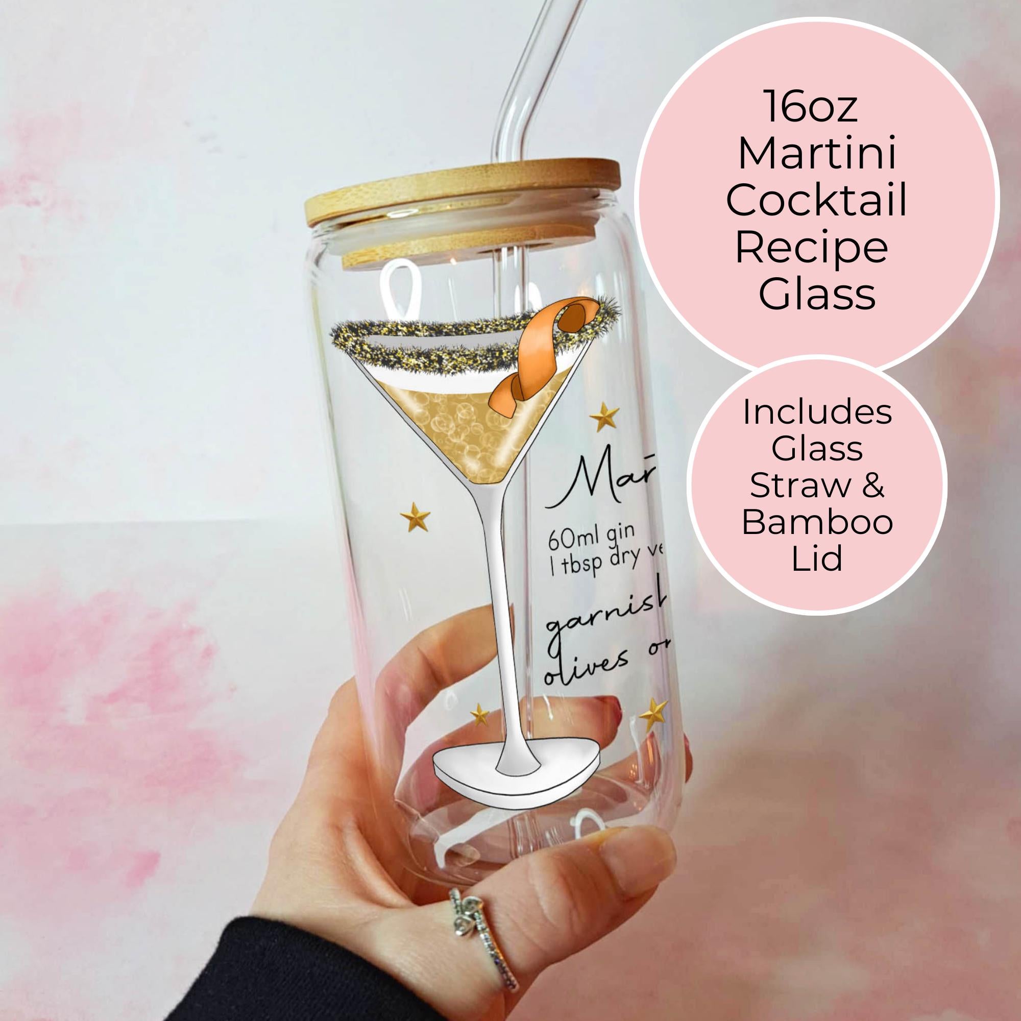 16oz Martini Cocktail Recipe Glass with Bamboo Lid & Straw