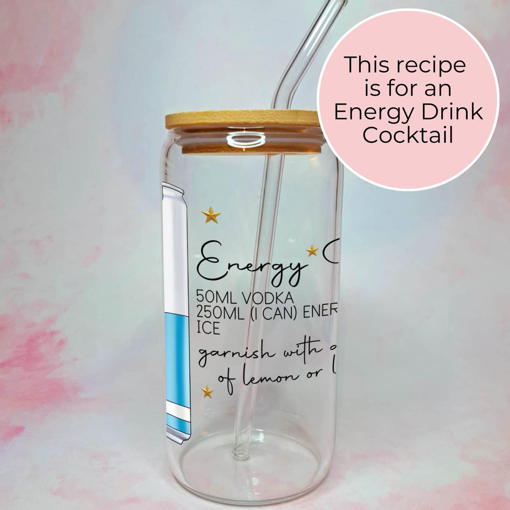 16oz Energy Drink Cocktail Recipe Glass with Bamboo Lid & Straw