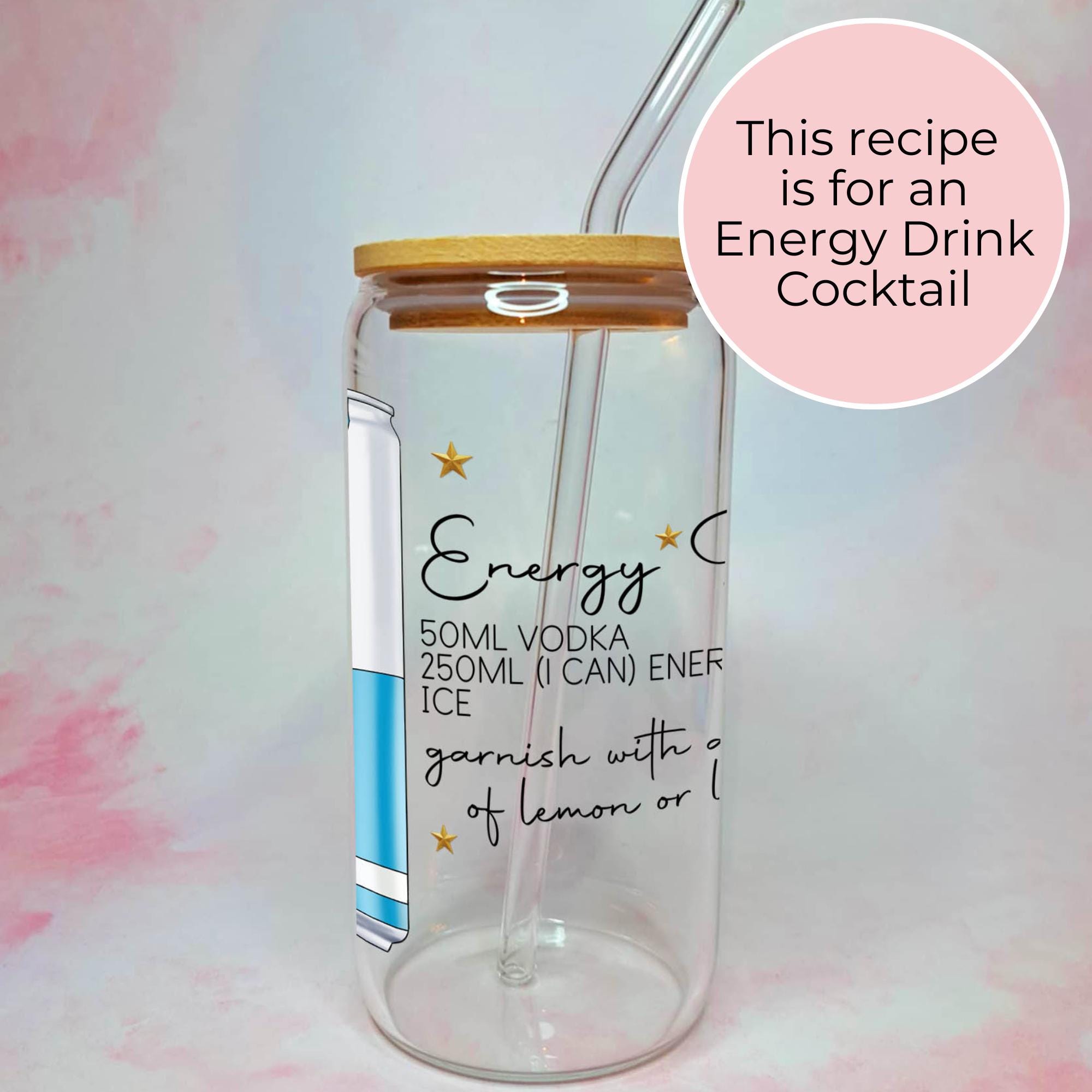 16oz Energy Drink Cocktail Recipe Glass with Bamboo Lid & Straw