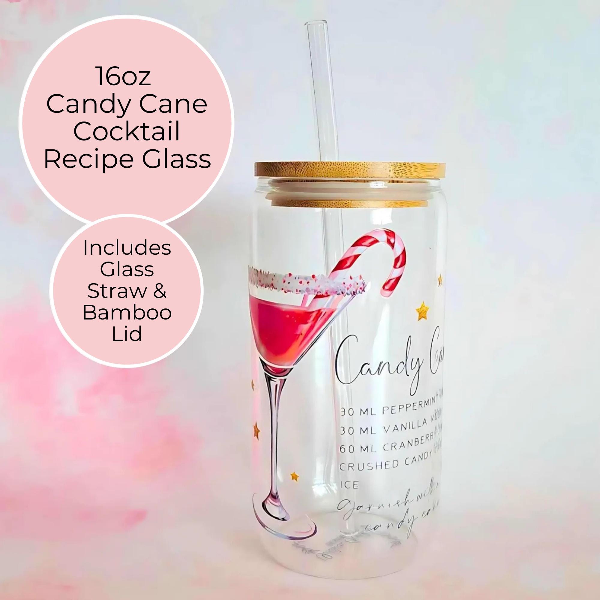 16oz Candy Cane Cocktail Recipe Glass with Bamboo Lid & Straw