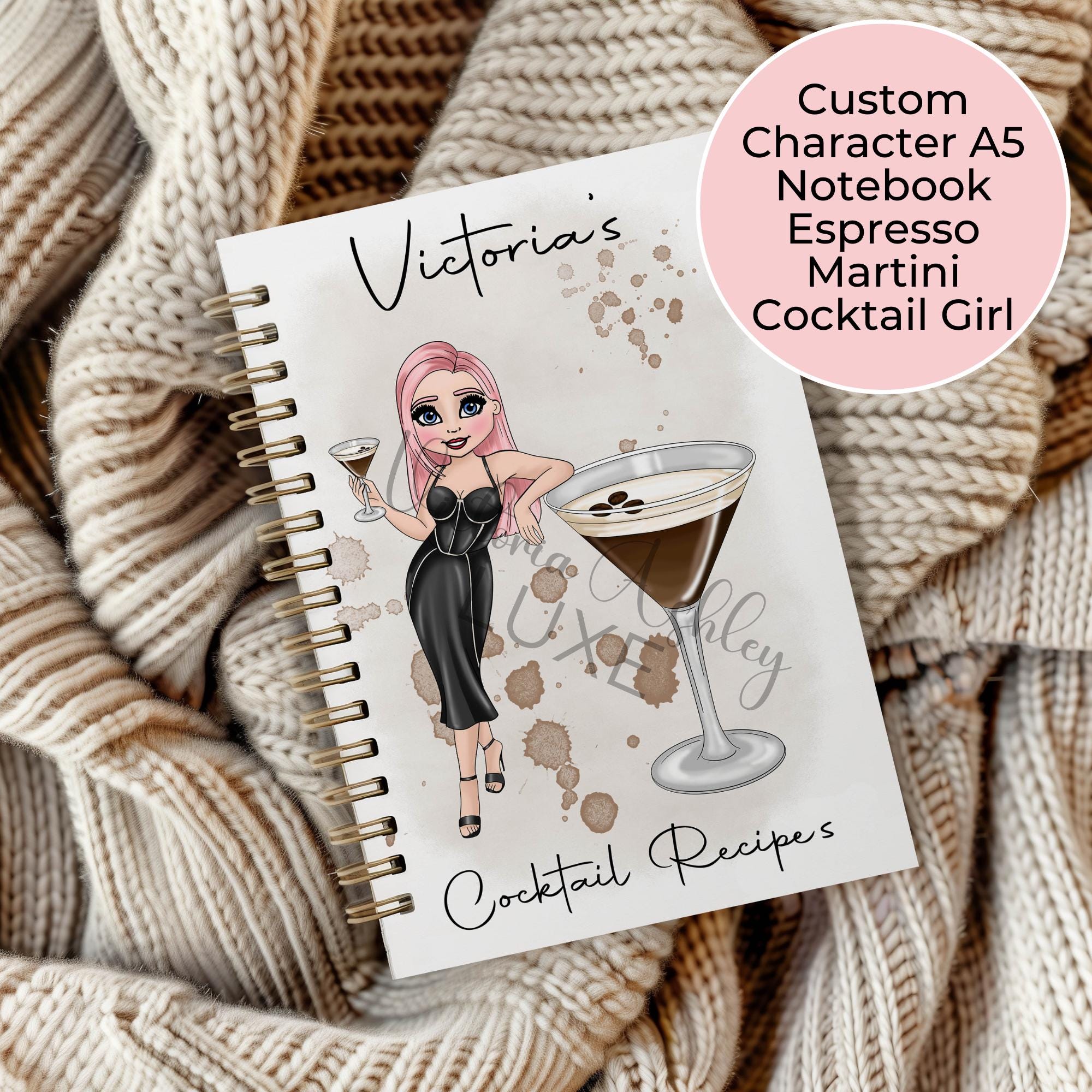 Personalised Espresso Martini Cocktail Girl A5 Notebook, Wire Bound Lined Book Club Coffee Cocktail Evening