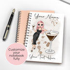 Personalised Espresso Martini Cocktail Girl A5 Notebook, Wire Bound Lined Book Club Coffee Cocktail Evening