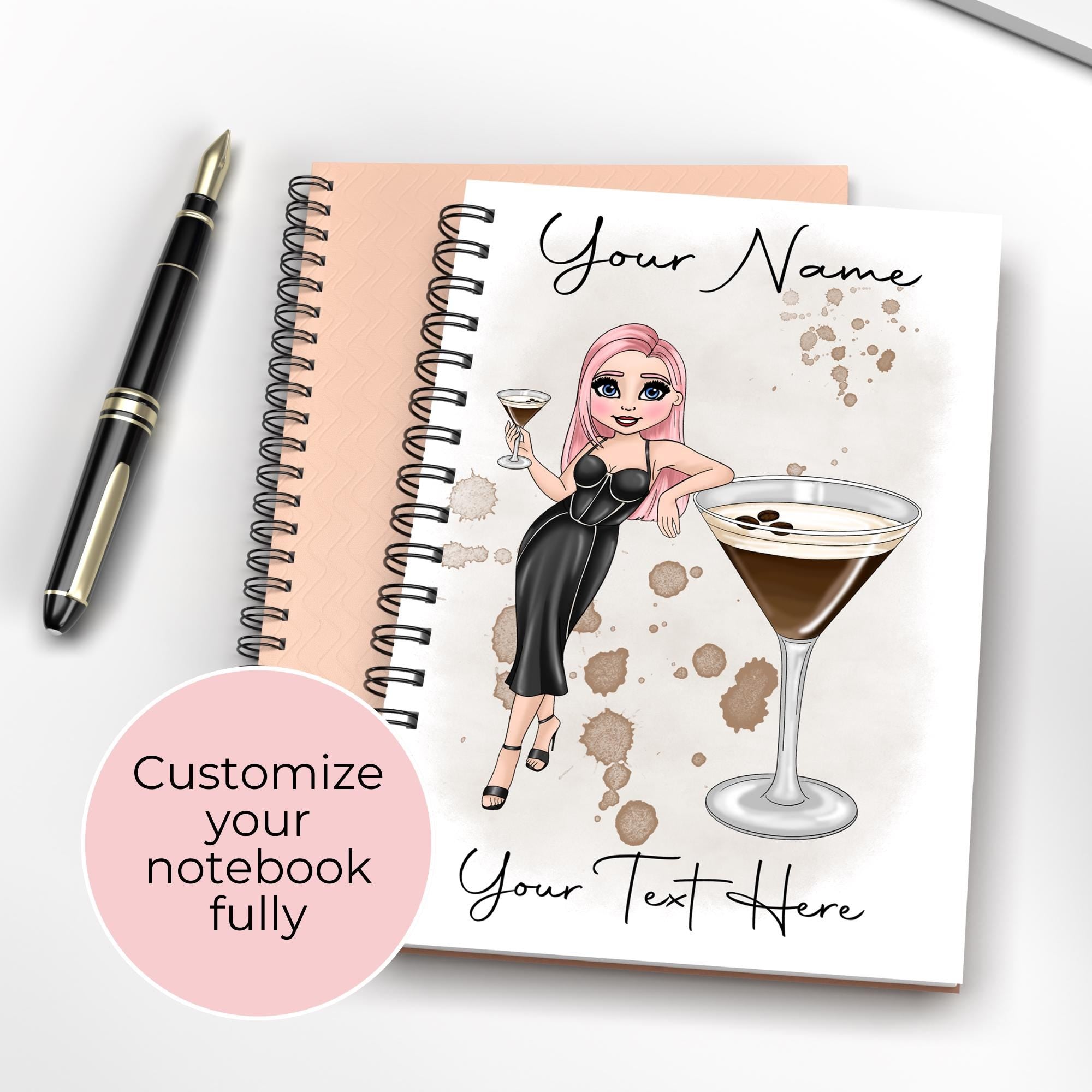 Personalised Espresso Martini Cocktail Girl A5 Notebook, Wire Bound Lined Book Club Coffee Cocktail Evening