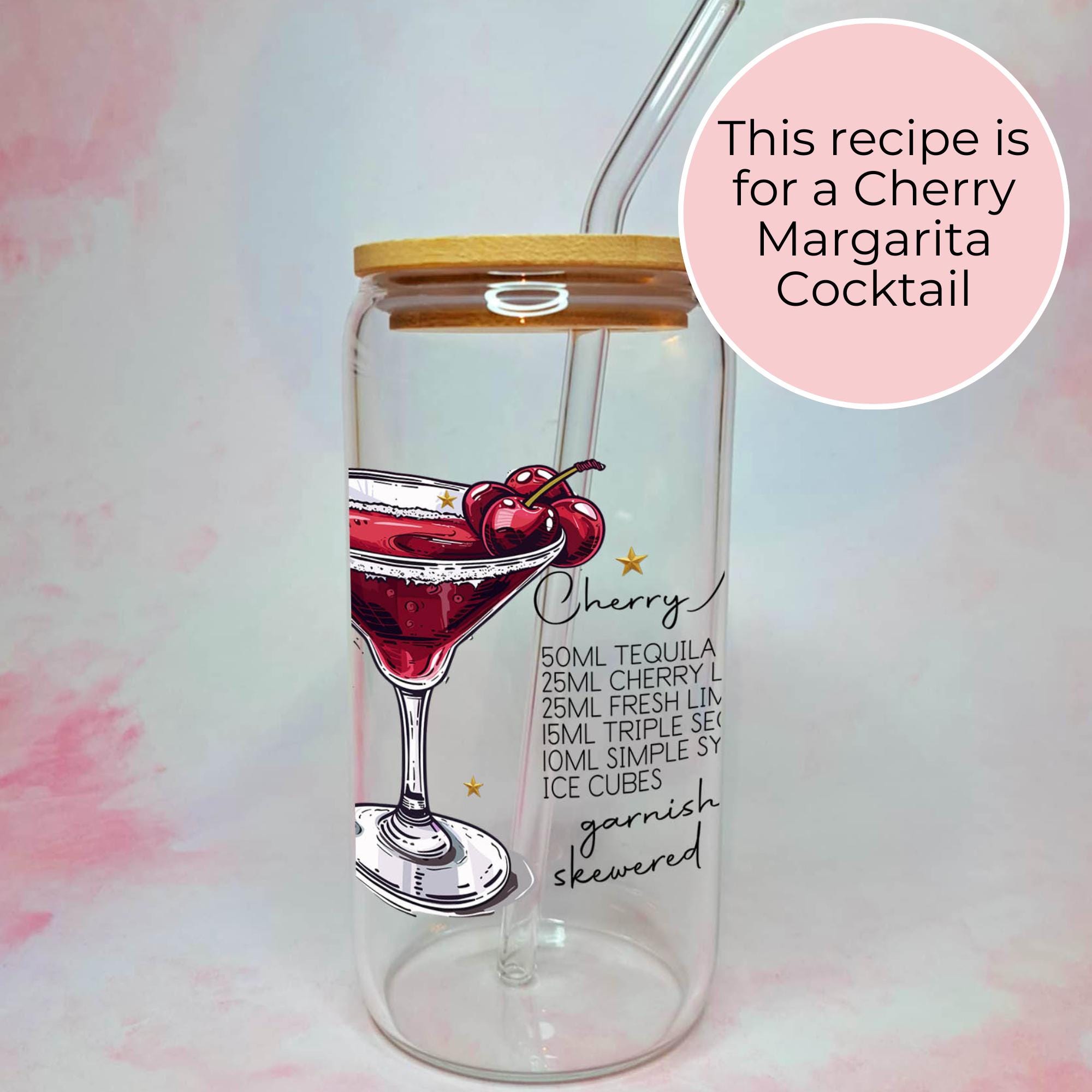 Cherry Margarita Cocktail Recipe Glass with Bamboo Lid & Straw