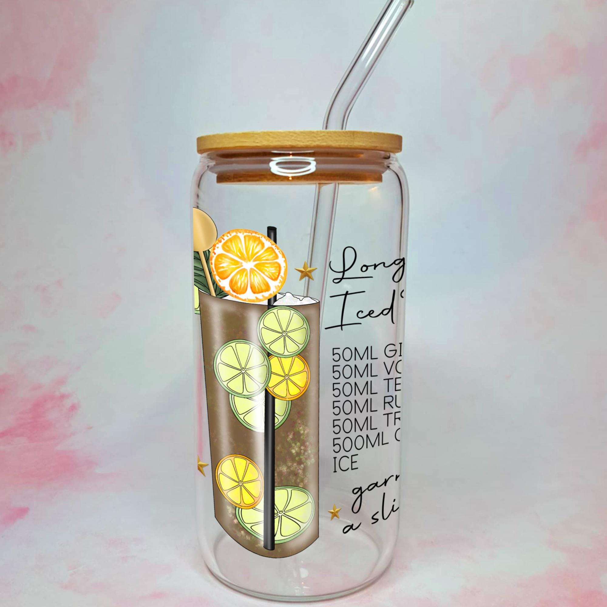 Long Island Iced Tea Cocktail Recipe Glass with Bamboo Lid & Straw