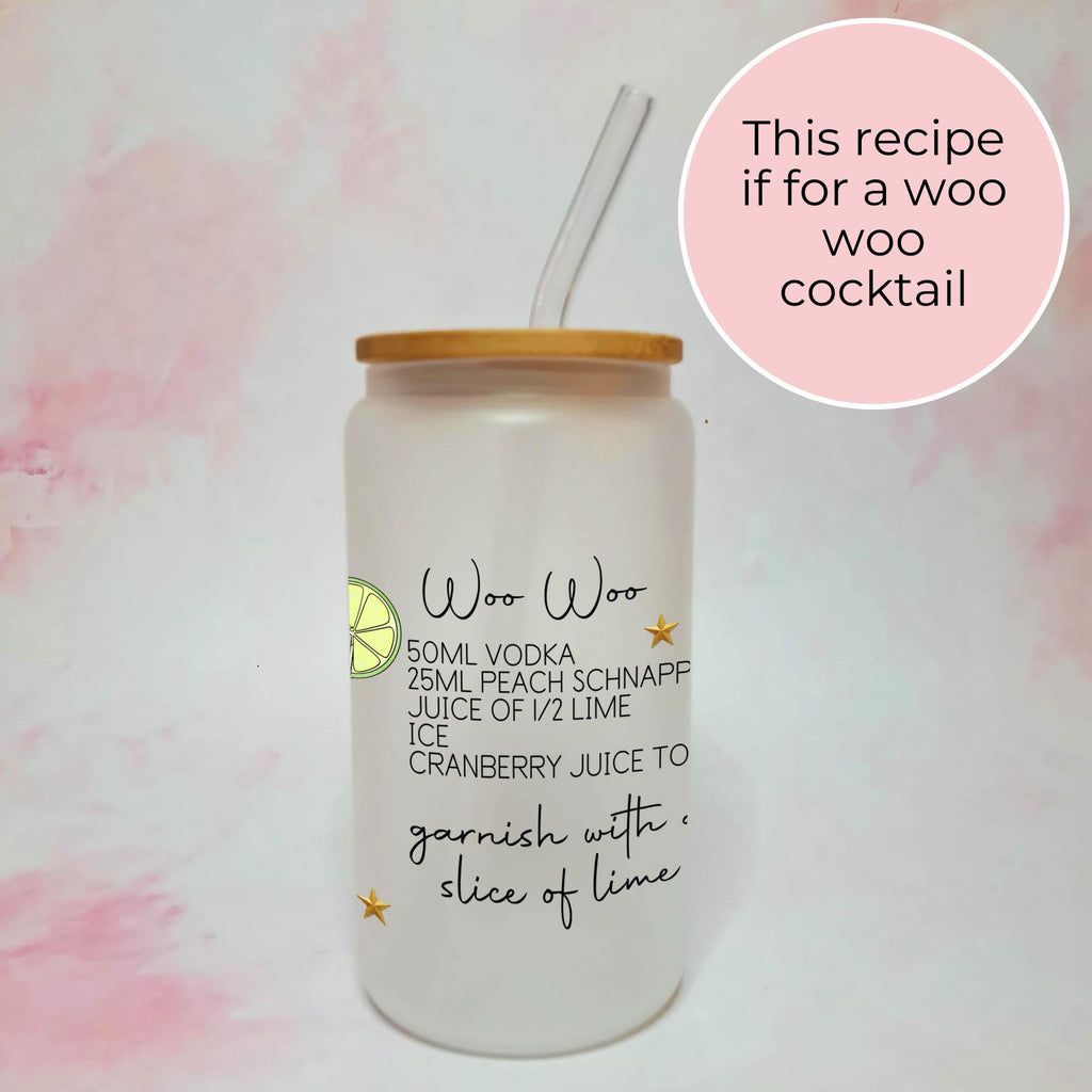 Personalised Woo Woo Character Glass With Cocktail Recipe, Couples Night In Cocktail Drinkware