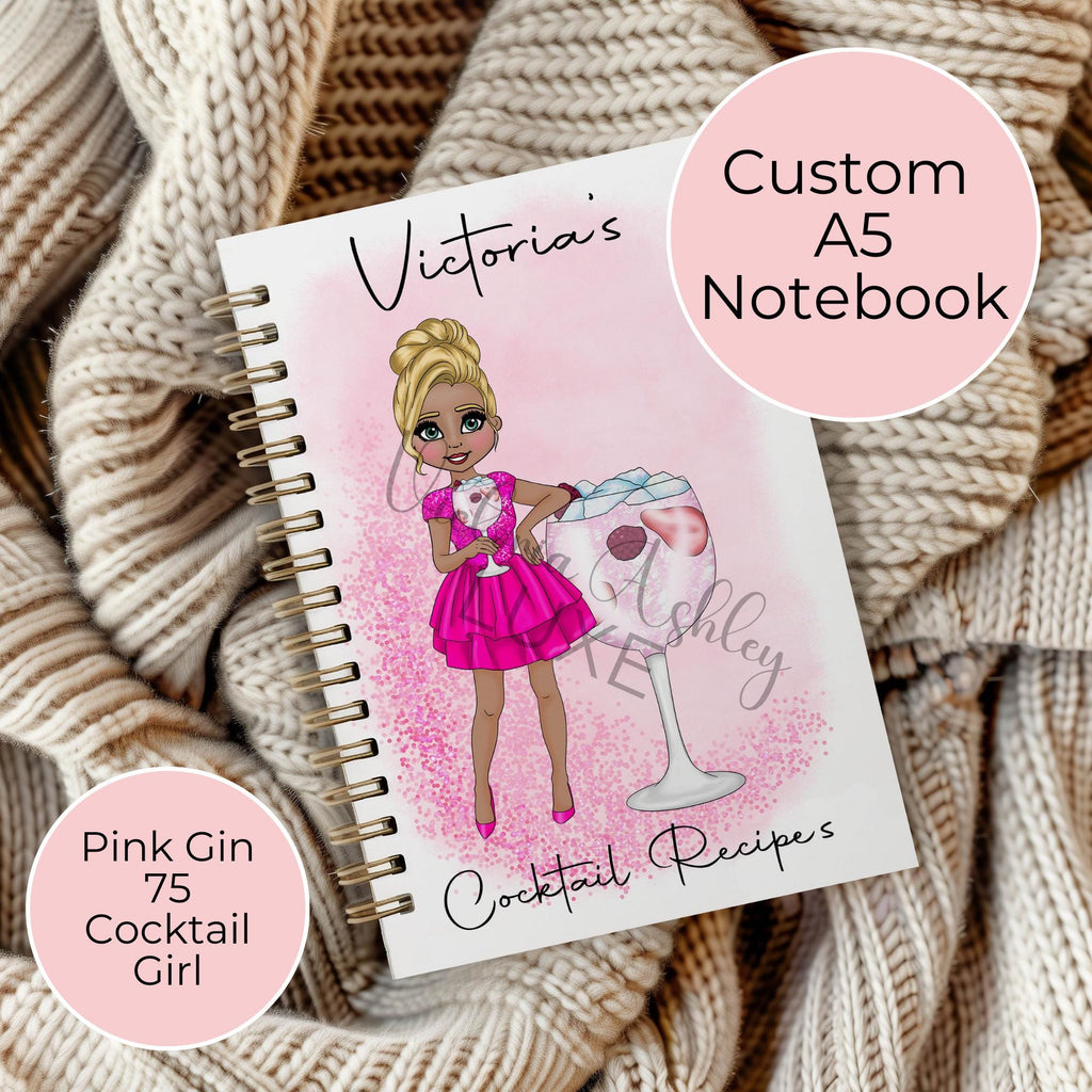 Personalised Pink Gin 75 Cocktail Planner, A5 Notebook For End Of Term Teacher Gift