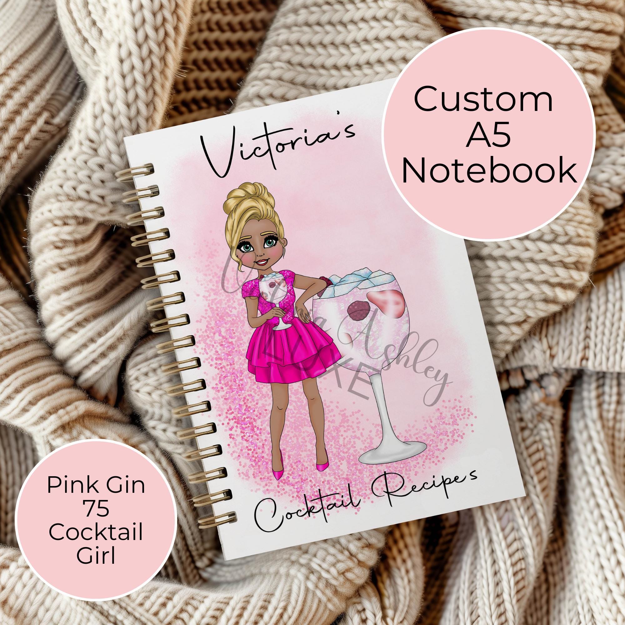 Personalised Pink Gin 75 Cocktail Planner, A5 Notebook For End Of Term Teacher Gift