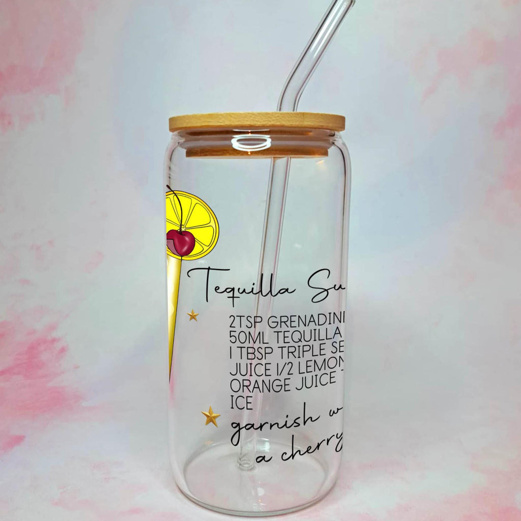 Tequila Sunrise Cocktail Recipe Glass with Bamboo Lid & Straw