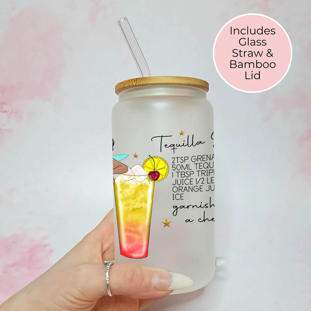 Personalised Tequila Sunrise Character Glass With Cocktail Recipe, Milestone Birthday Gift