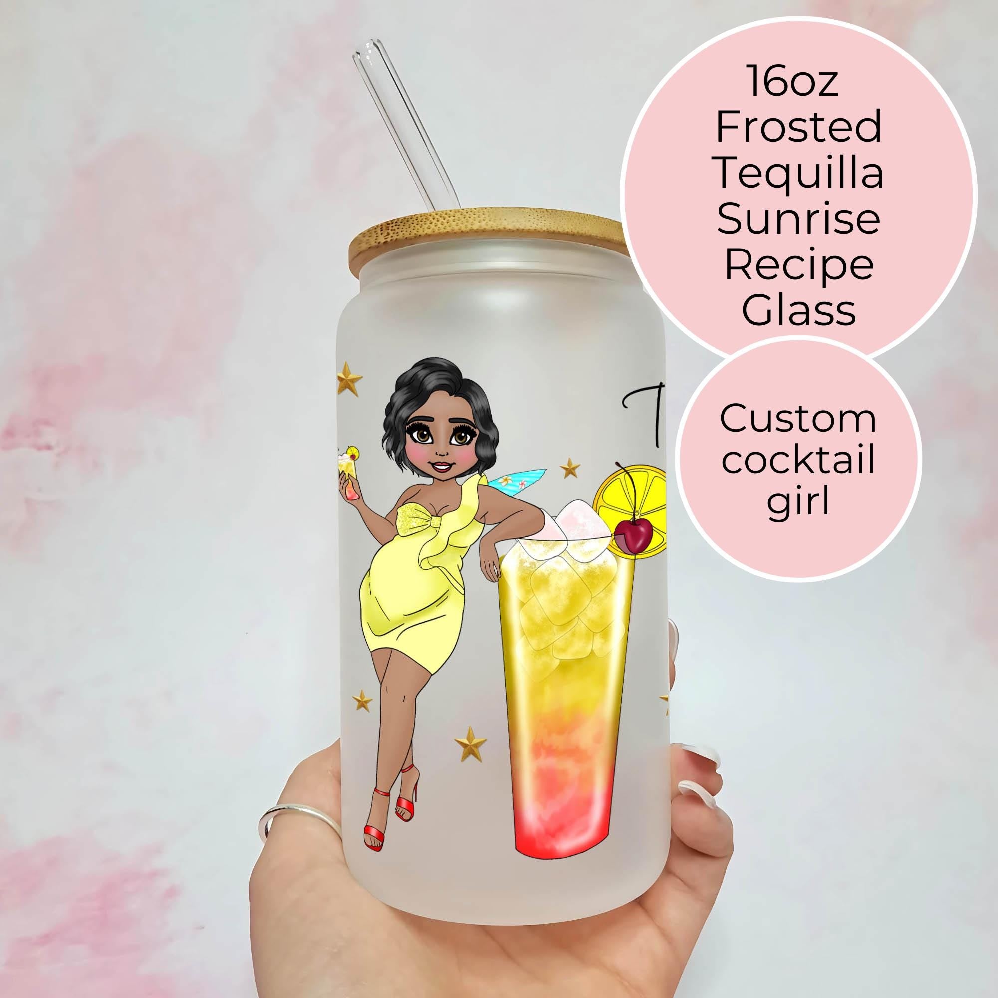 Personalised Tequila Sunrise Character Glass With Cocktail Recipe, Milestone Birthday Gift