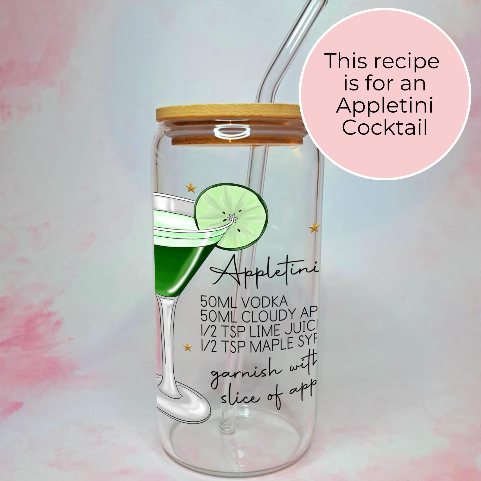 Appletini Cocktail Recipe Glass with Bamboo Lid & Straw