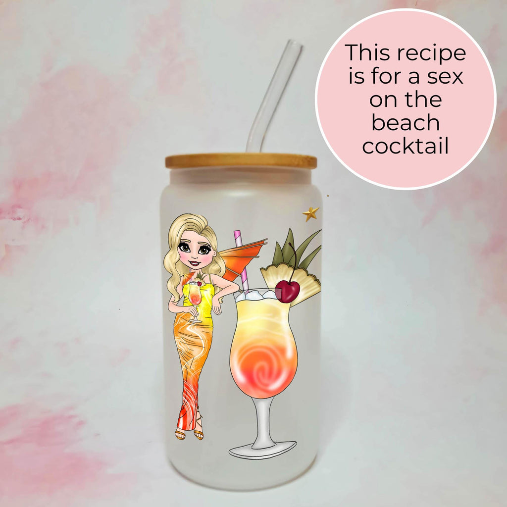 Personalised Sex on the Beach Character Glass With Cocktail Recipe, Summer Soiree Party Drinkware