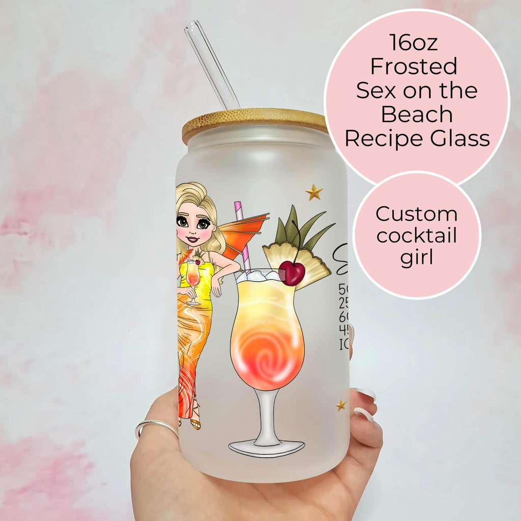 Personalised Sex on the Beach Character Glass With Cocktail Recipe, Summer Soiree Party Drinkware