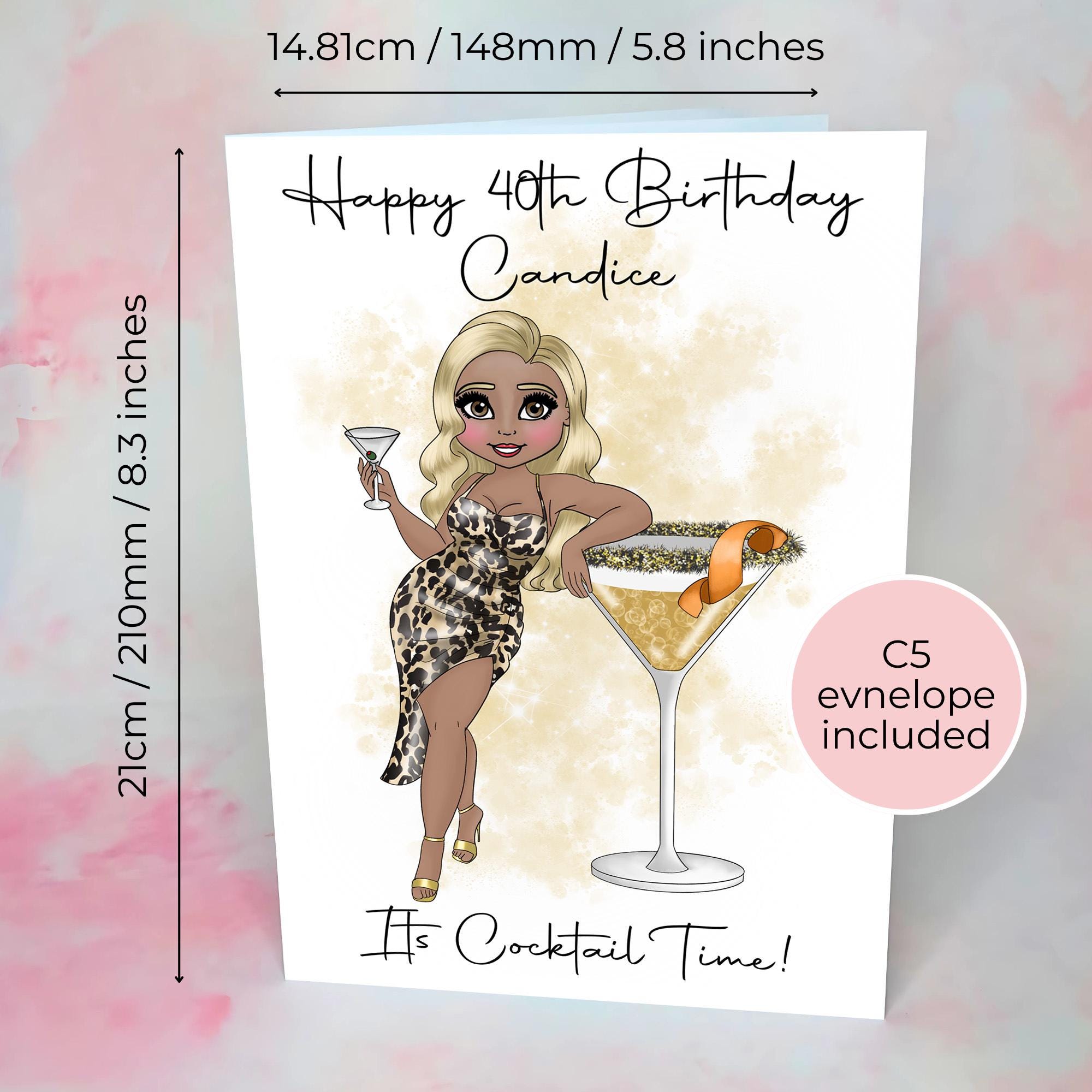 Personalised Plus Sized Martini Cocktail Girl Birthday Card, A5 Greeting Card For Her