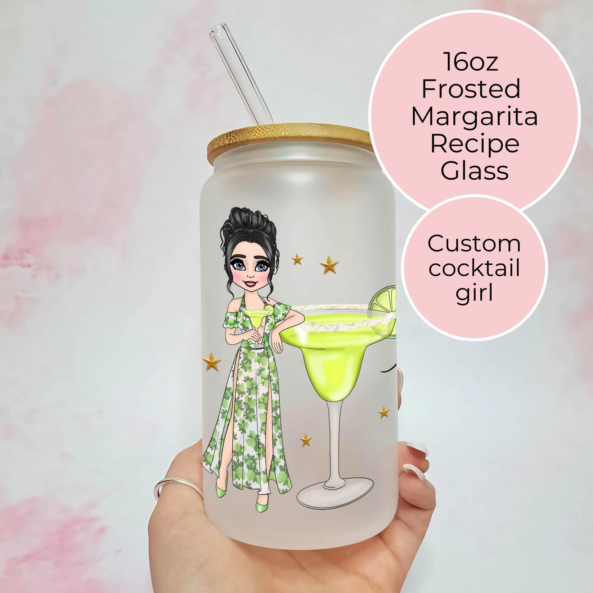 Personalised Margarita Character Glass With Cocktail Recipe, Girls Cocktail Night Drinkware