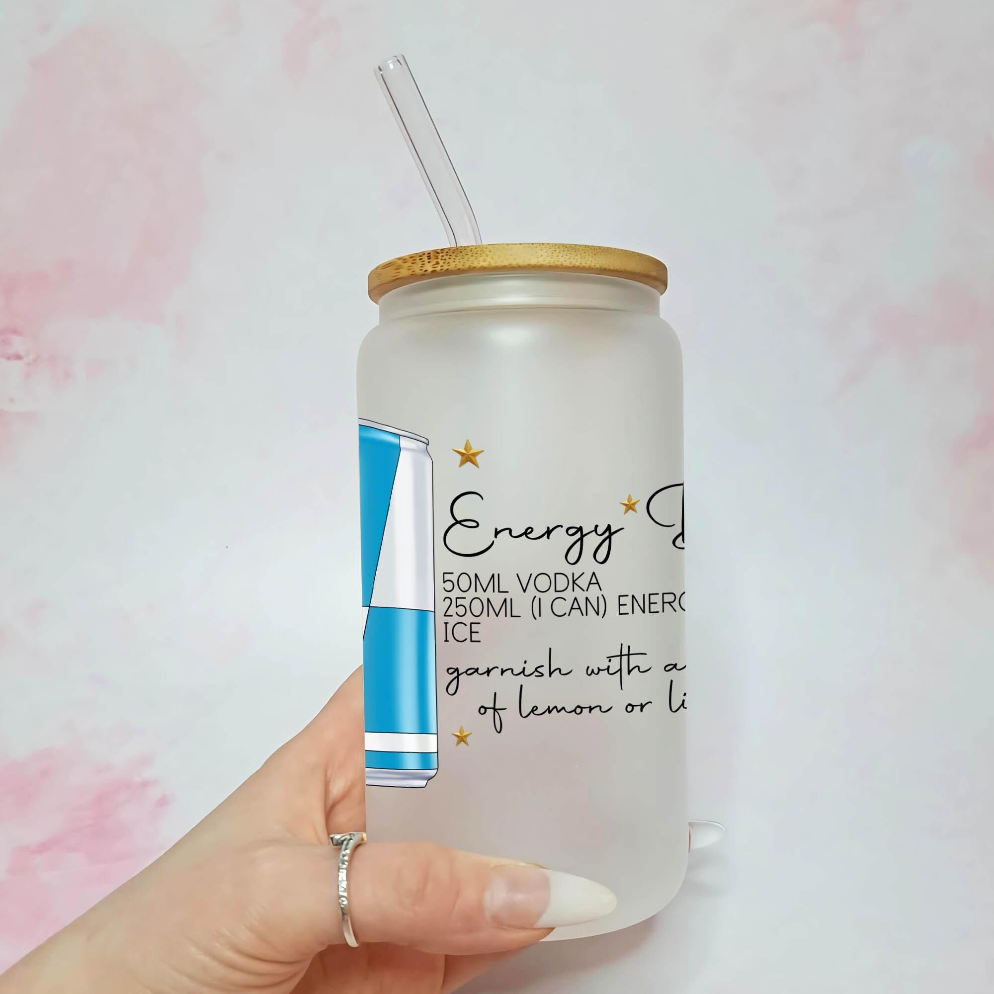 Personalised Energy Drink Character Glass With Cocktail Recipe, 18th 21st Birthday Gift For Her