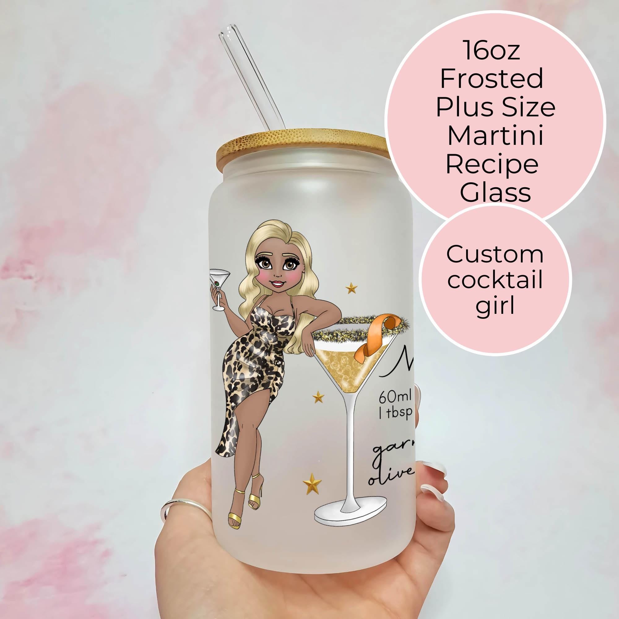 Personalised Plus Sized Martini Frosted Recipe Glass With Custom Character