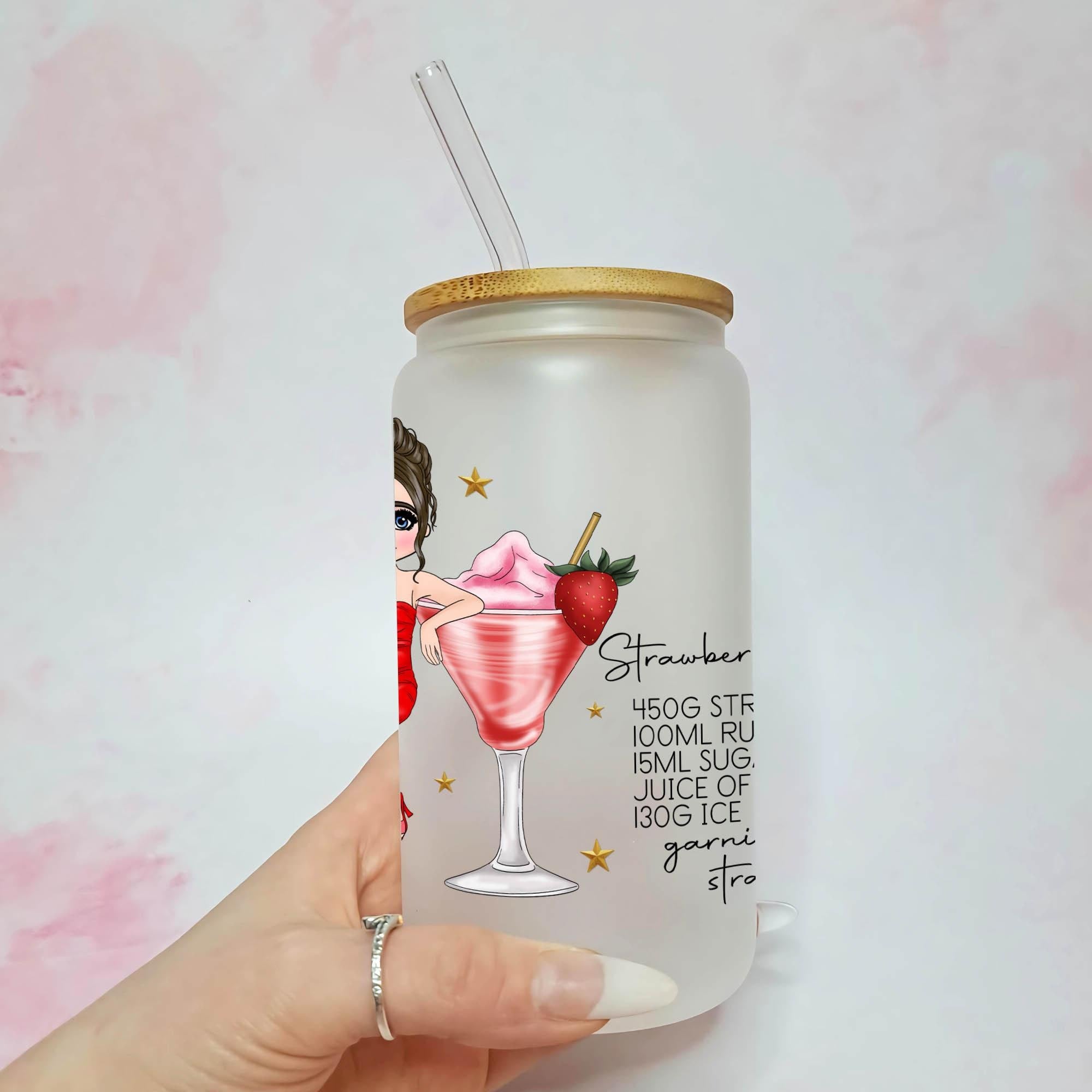 Personalised Strawberry Daiquiri Character Glass With Cocktail Recipe
