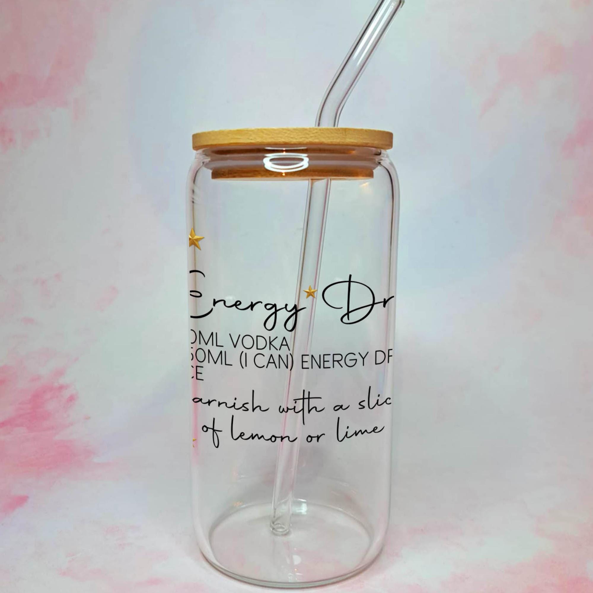 16oz Energy Drink Cocktail Recipe Glass with Bamboo Lid & Straw