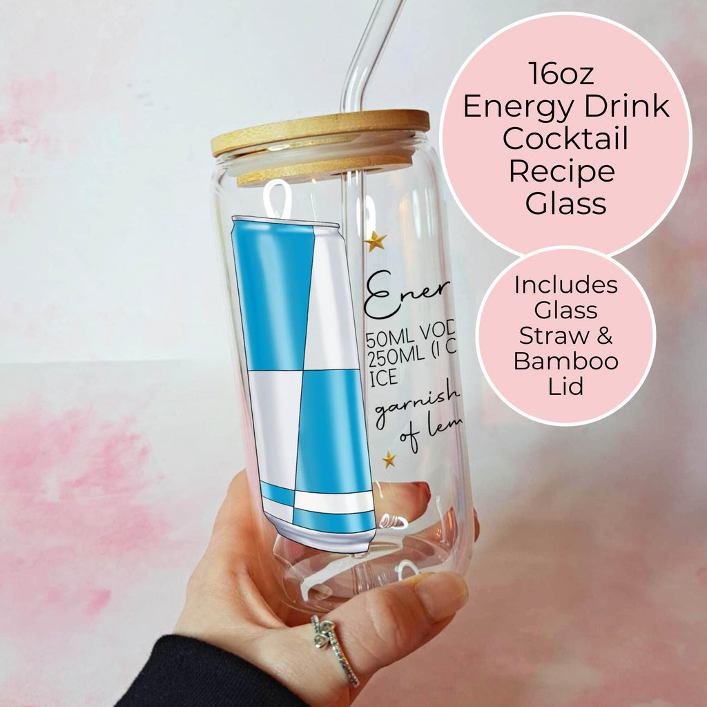 16oz Energy Drink Cocktail Recipe Glass with Bamboo Lid & Straw