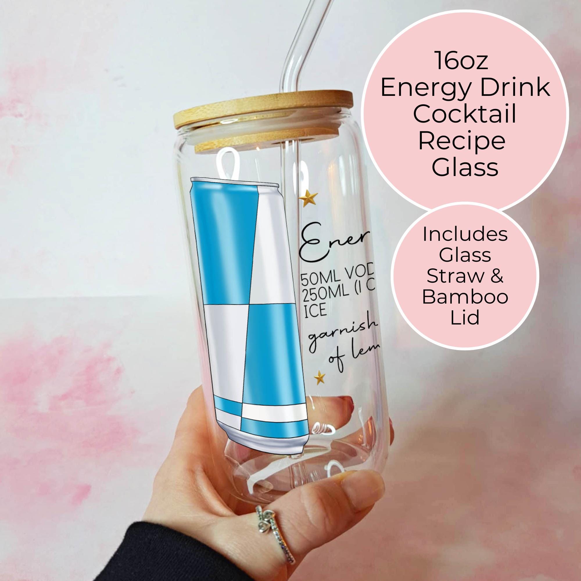 16oz Energy Drink Cocktail Recipe Glass with Bamboo Lid & Straw