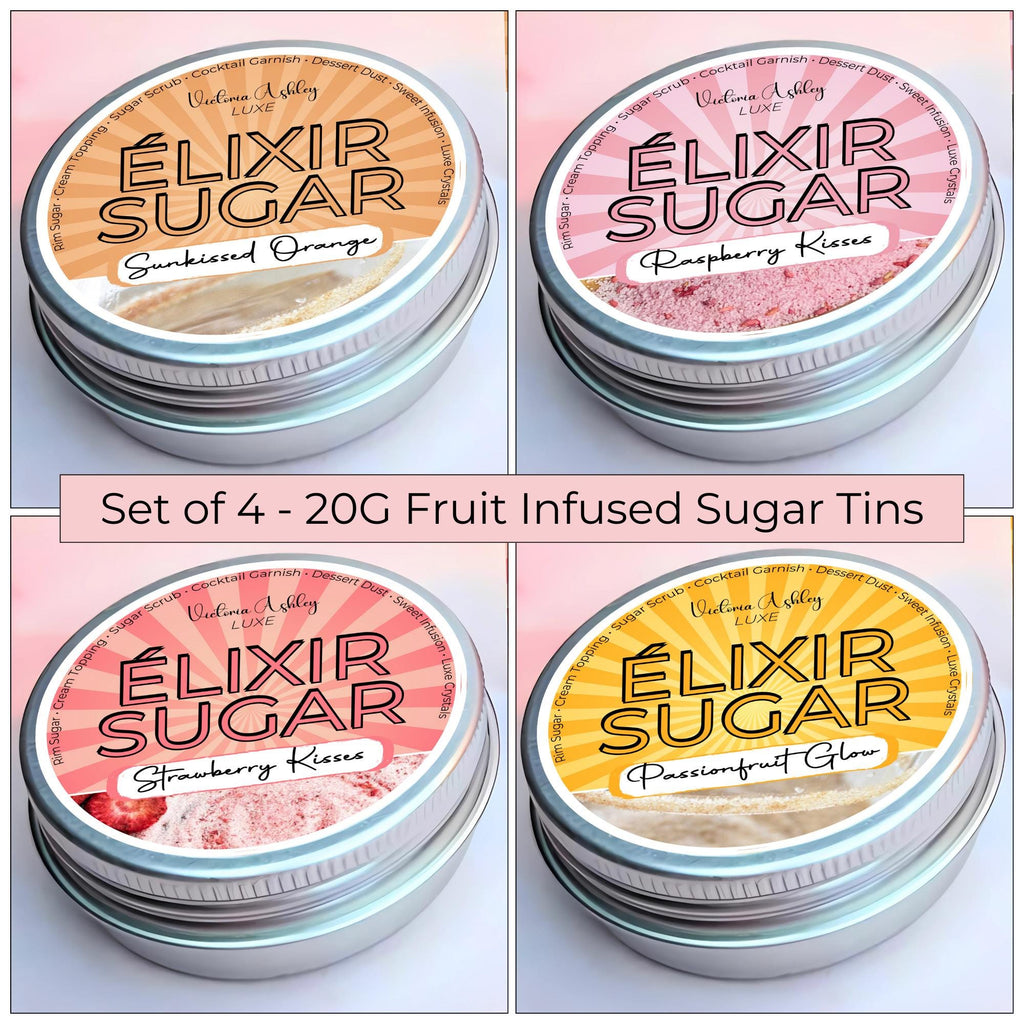 Set Of 4 Fruit Infused Flavoured Artisan Giftable Sugar Tin Strawberry, Raspberry, Passionfruit, Sunkissed Orange #FRS
