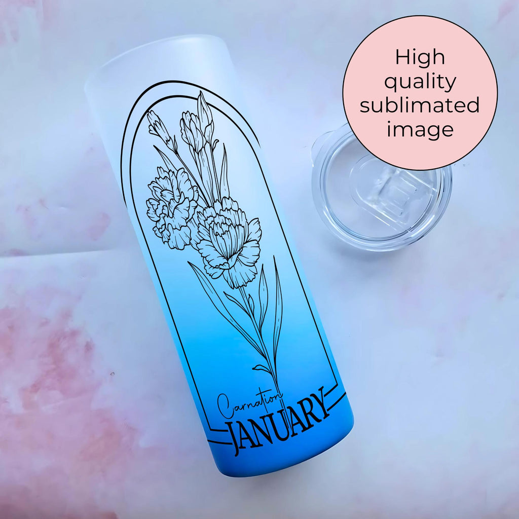 January Birth Flower Ombre Tumbler, Carnation Line Art Tumbler For Her