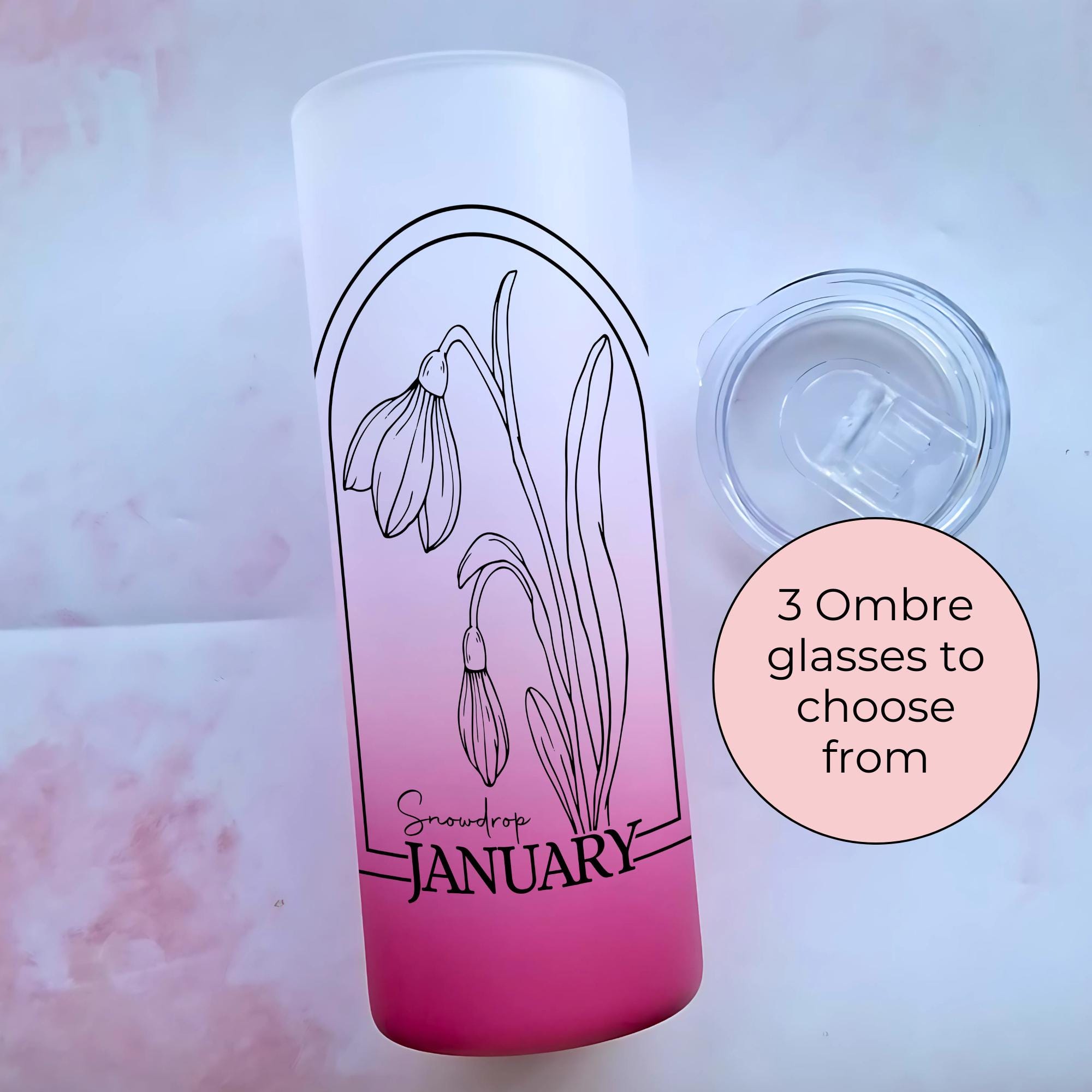 January Birth Flower 20oz Ombre Tumbler, Snowdrop Line Art Design