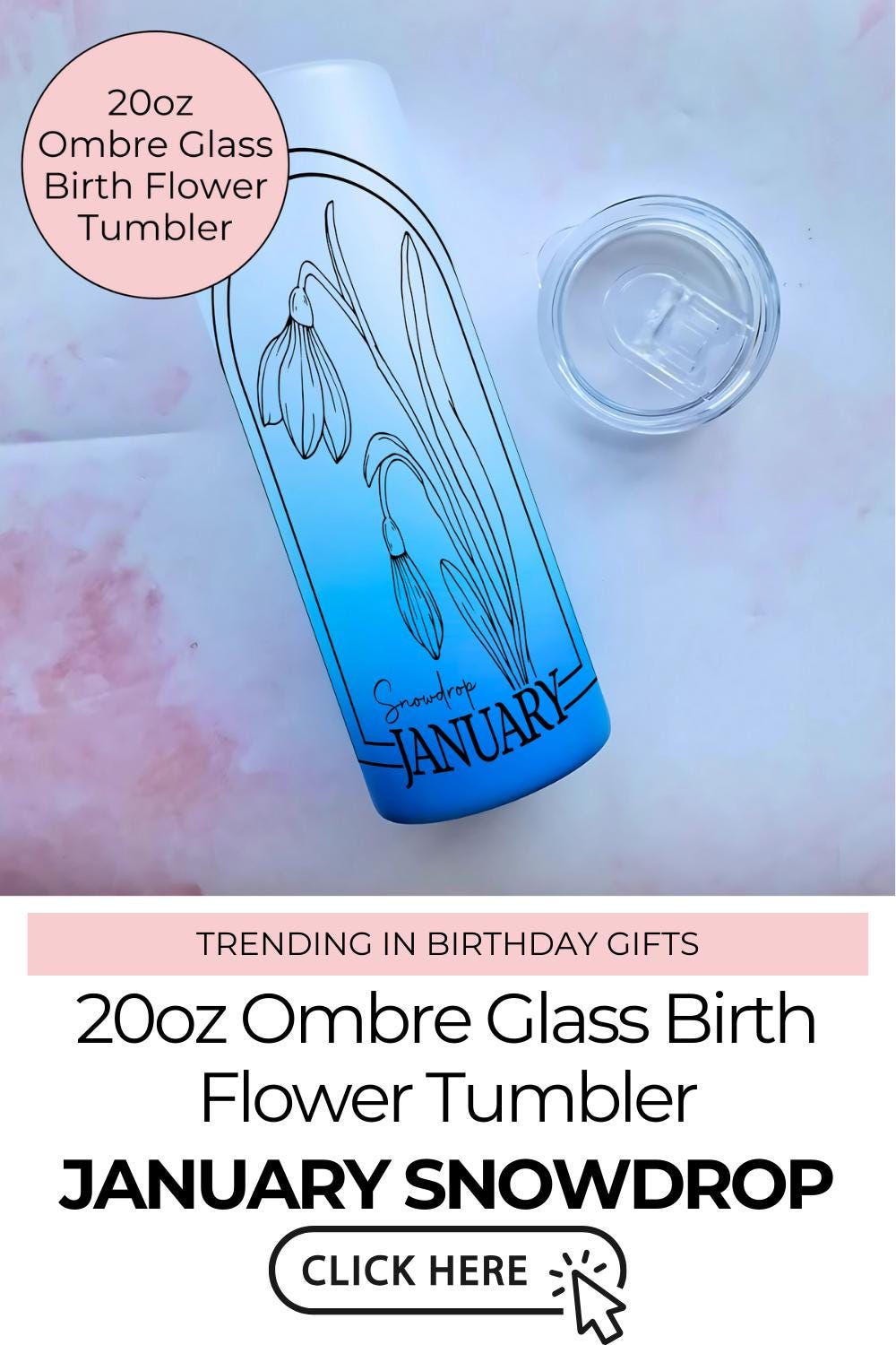 January Birth Flower 20oz Ombre Tumbler, Snowdrop Line Art Design