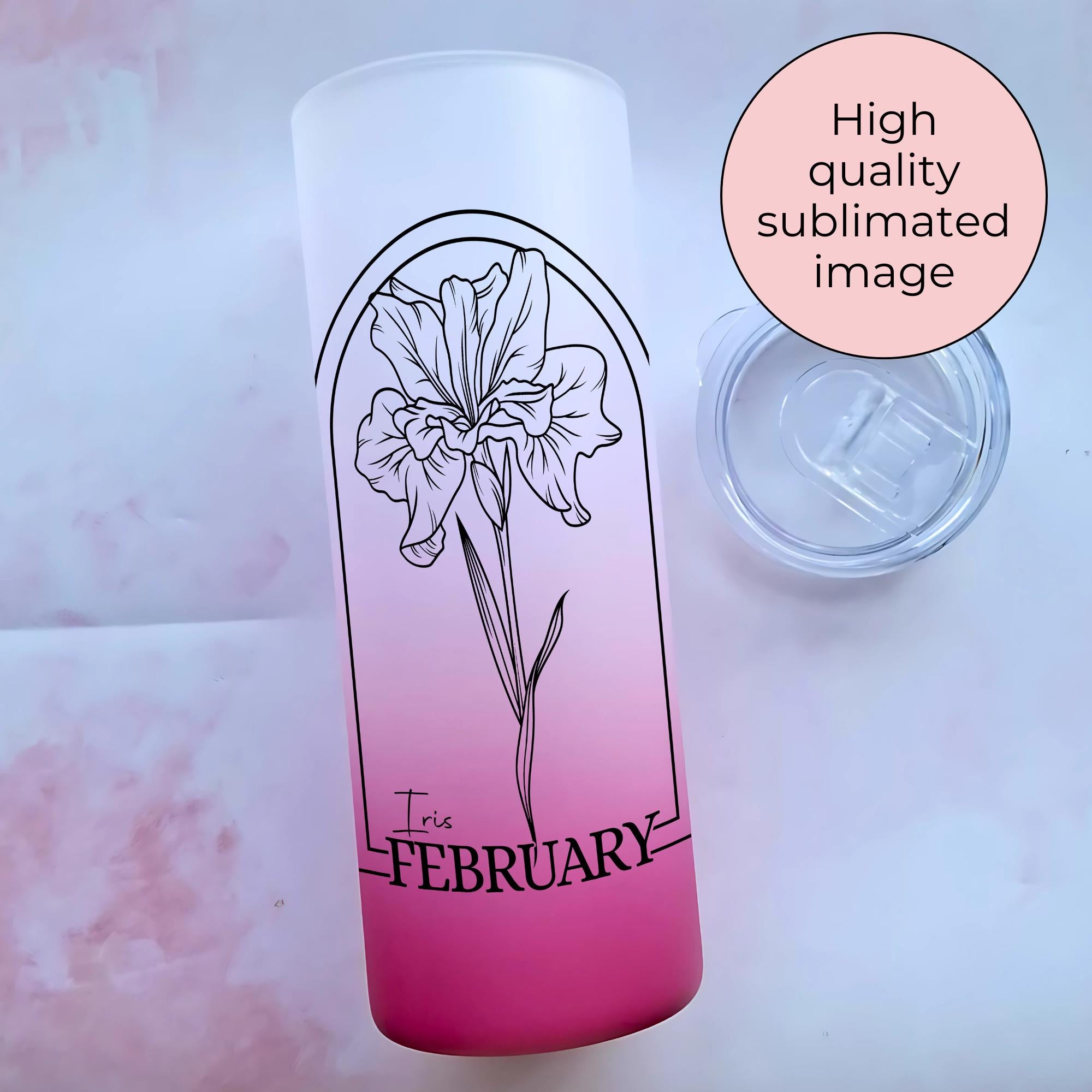 February Birth Flower Iris Line Art 20oz Ombre Tumbler, Mothers Day Gift From A Daughter