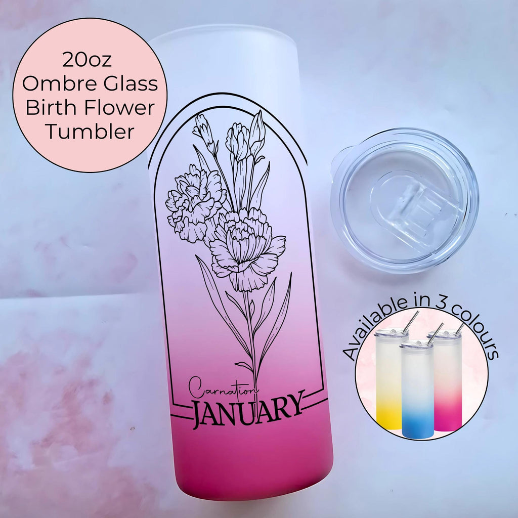 January Birth Flower Ombre Tumbler, Carnation Line Art Tumbler For Her