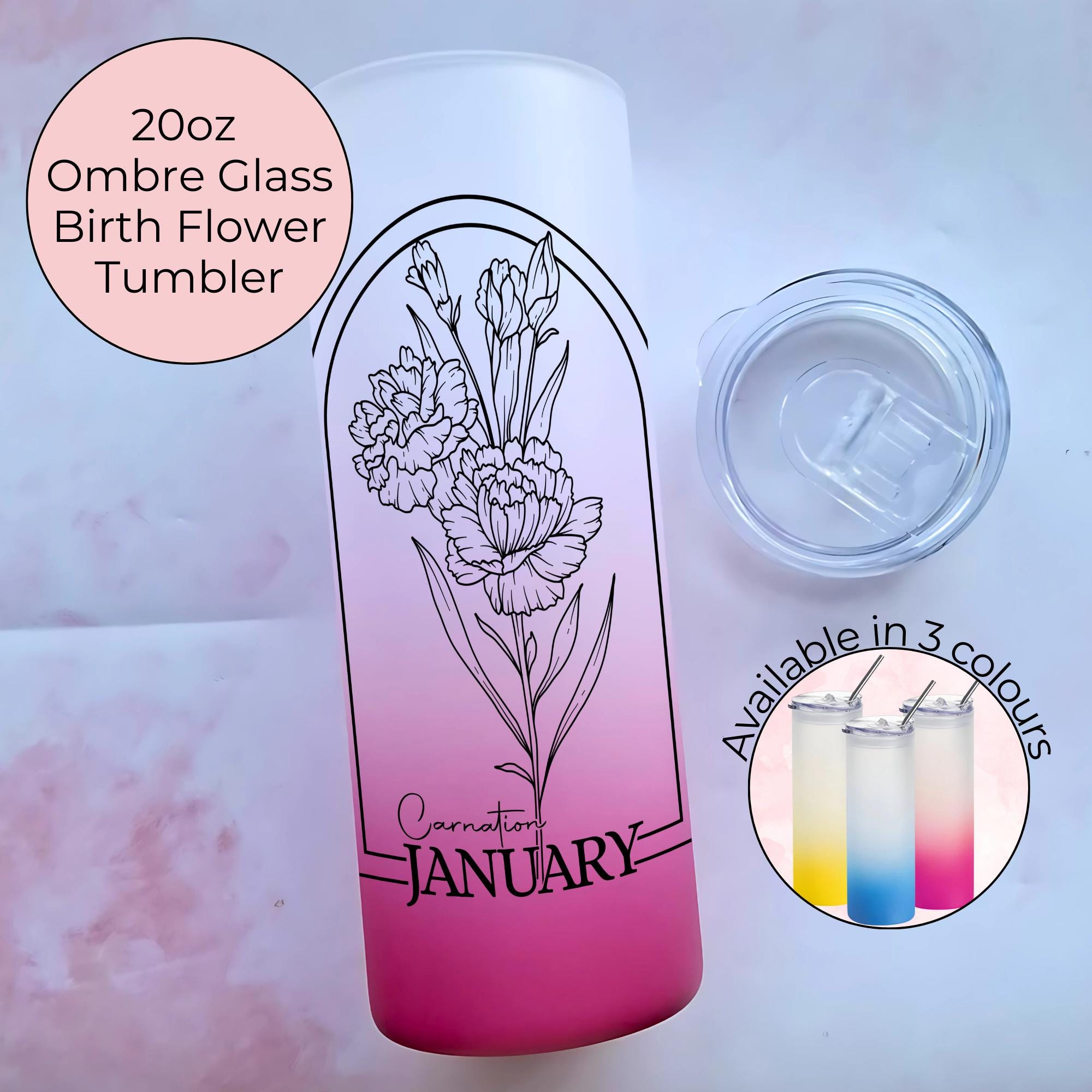 January Birth Flower Ombre Tumbler, Carnation Line Art Tumbler For Her