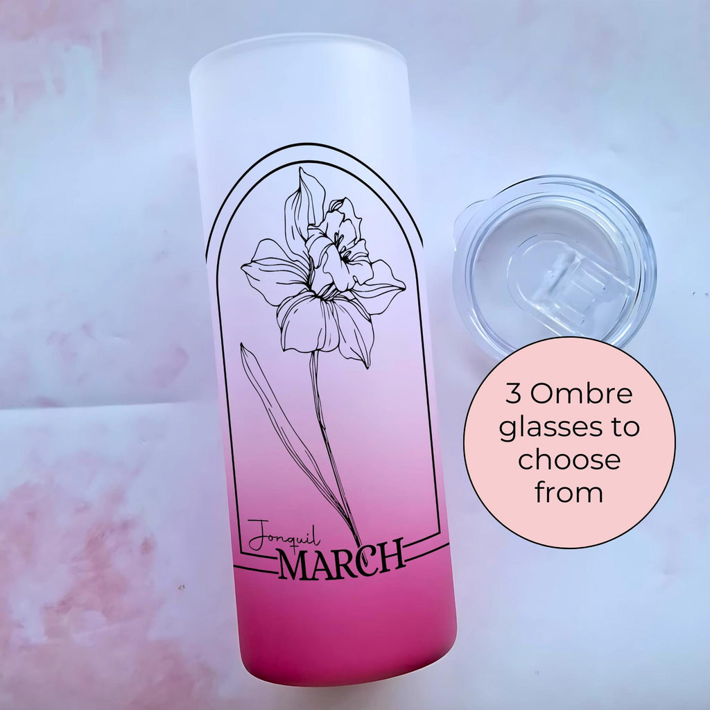 March Birth Flower Glass Tumbler, Jonquil Line Ombre Glass Gift For Her