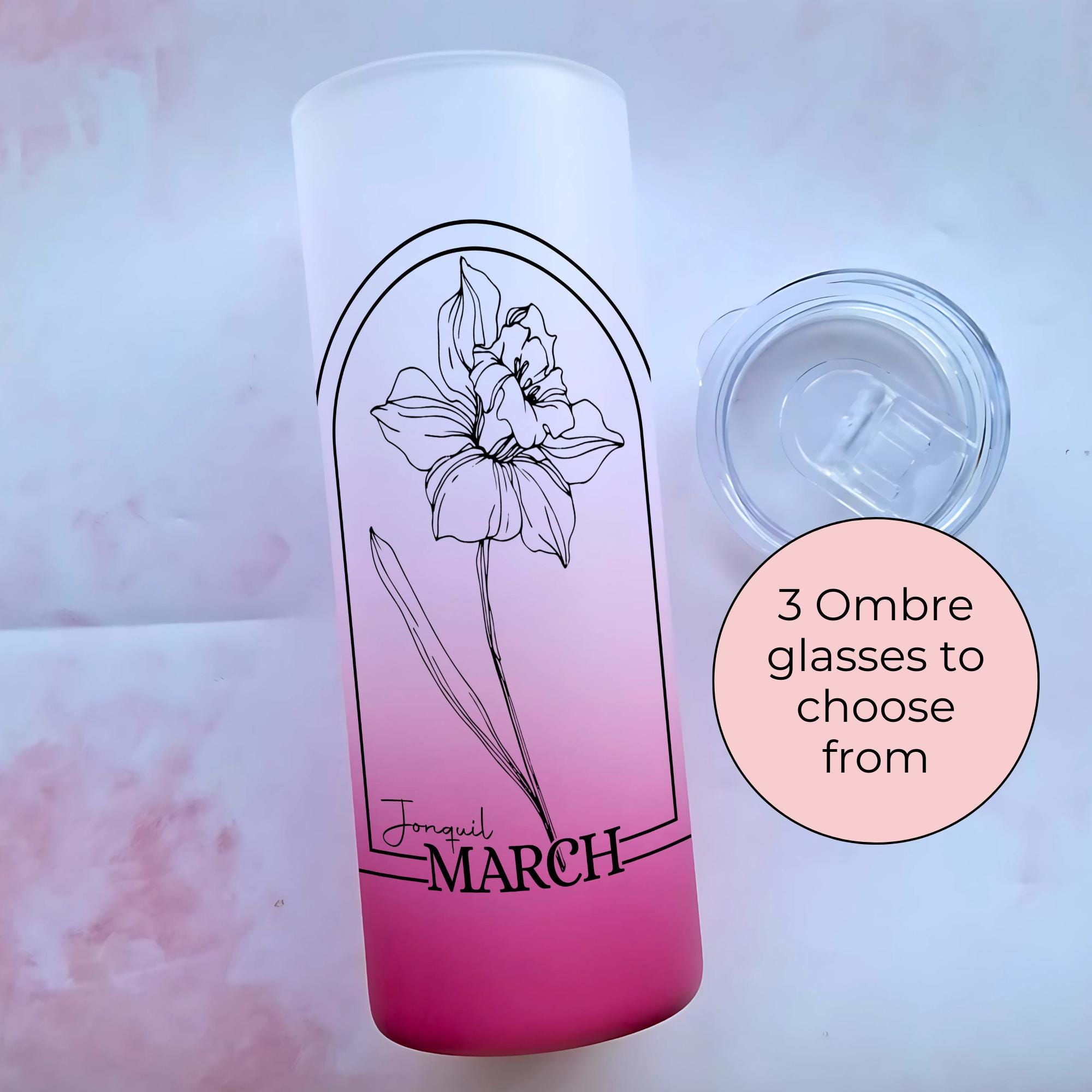 March Birth Flower Glass Tumbler, Jonquil Line Ombre Glass Gift For Her