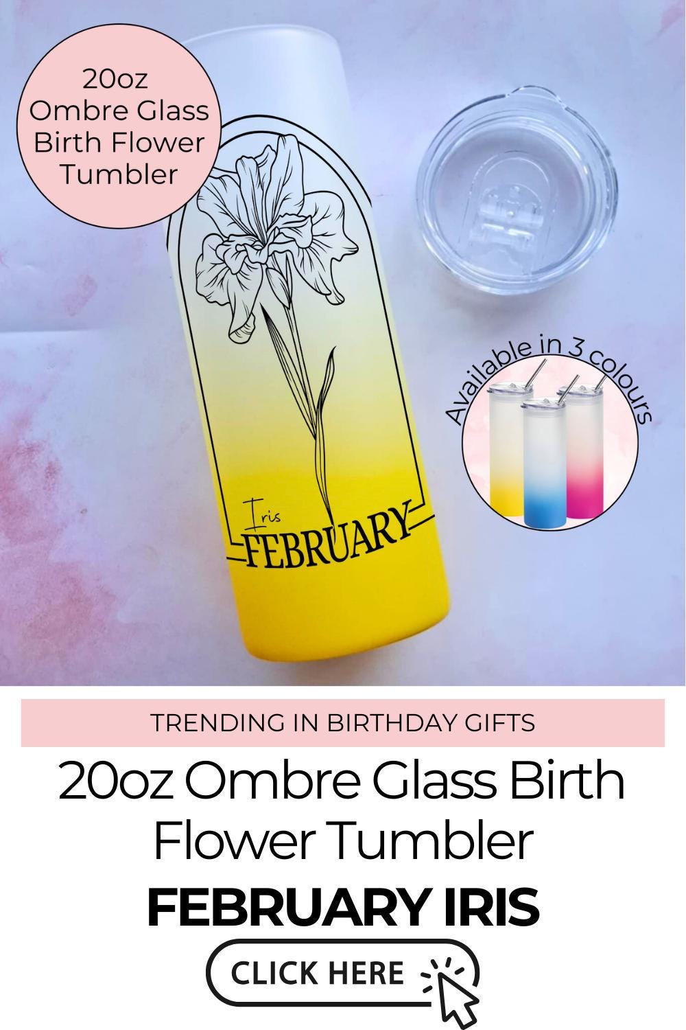 February Birth Flower Iris Line Art 20oz Ombre Tumbler, Mothers Day Gift From A Daughter