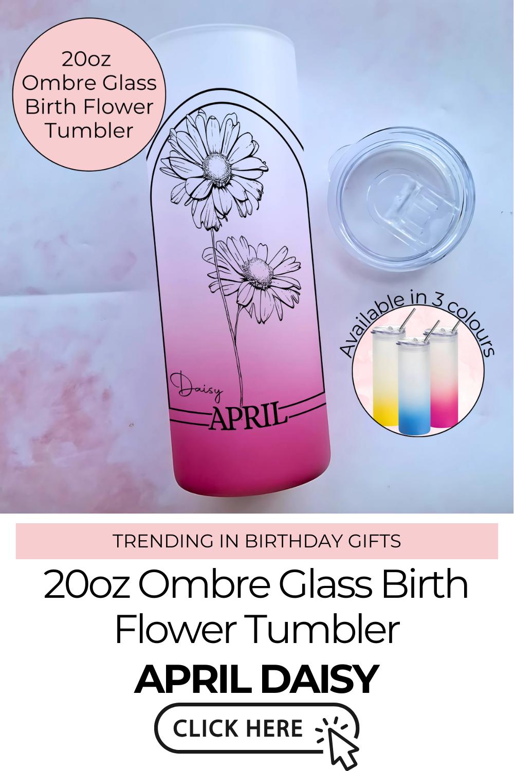 April Birth Flower 20oz Ombre Tumbler, Daisy Line Art Monogram Glass For Mothers Day, Birthday