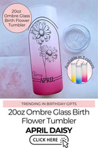April Birth Flower 20oz Ombre Tumbler, Daisy Line Art Monogram Glass For Mothers Day, Birthday