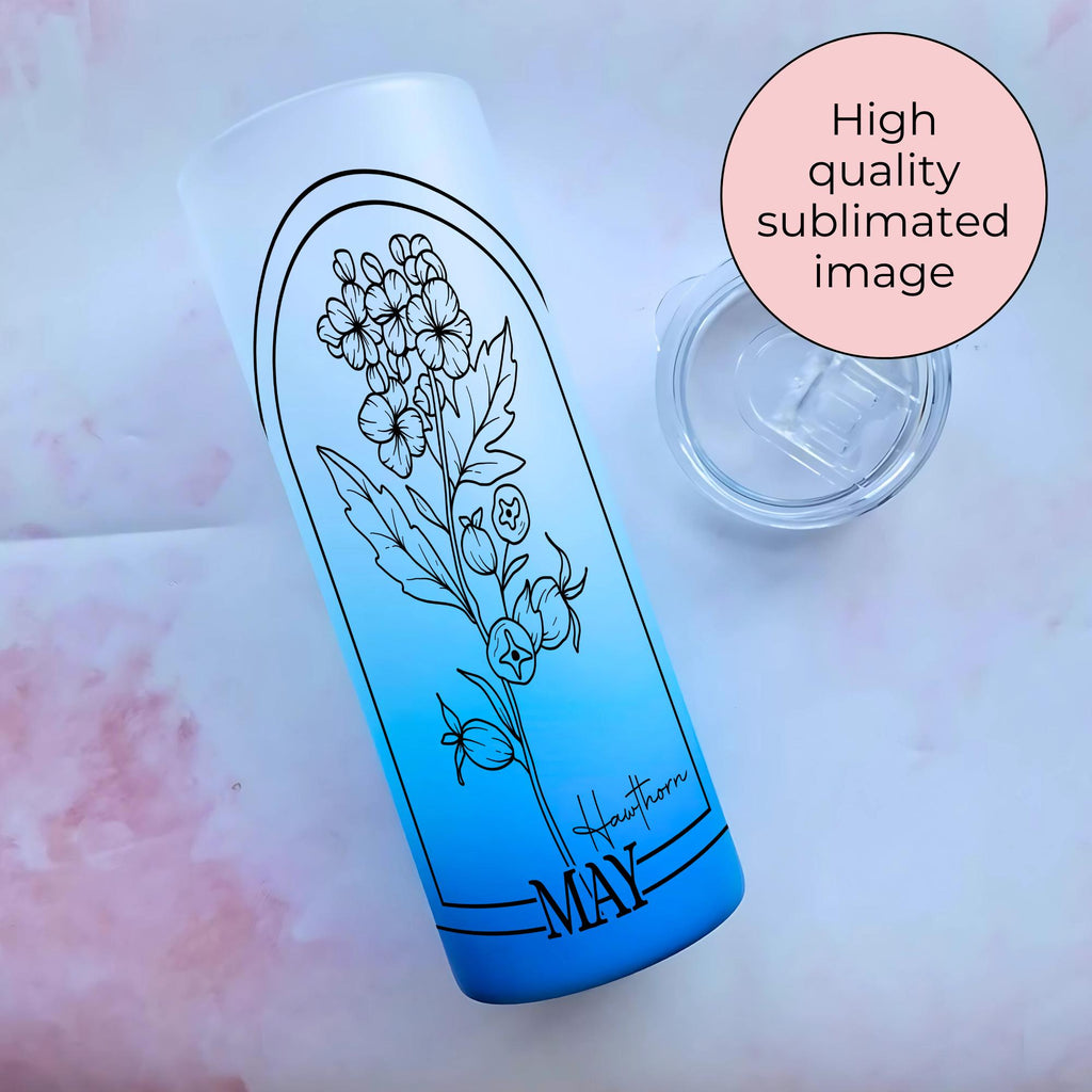 May Birth Flower Ombre Tumbler, 20oz Hawthorn Line Art Glass Tumbler Gift For End Of Term Teacher Gift