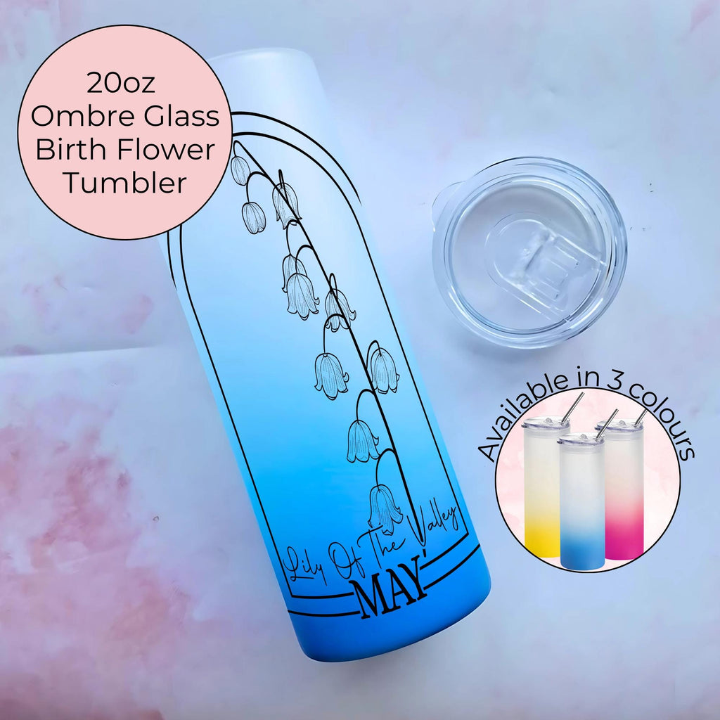 May Ombre Glass Tumbler With Lily Of The Valley Line Art Flower, Gift For Mum, Sister